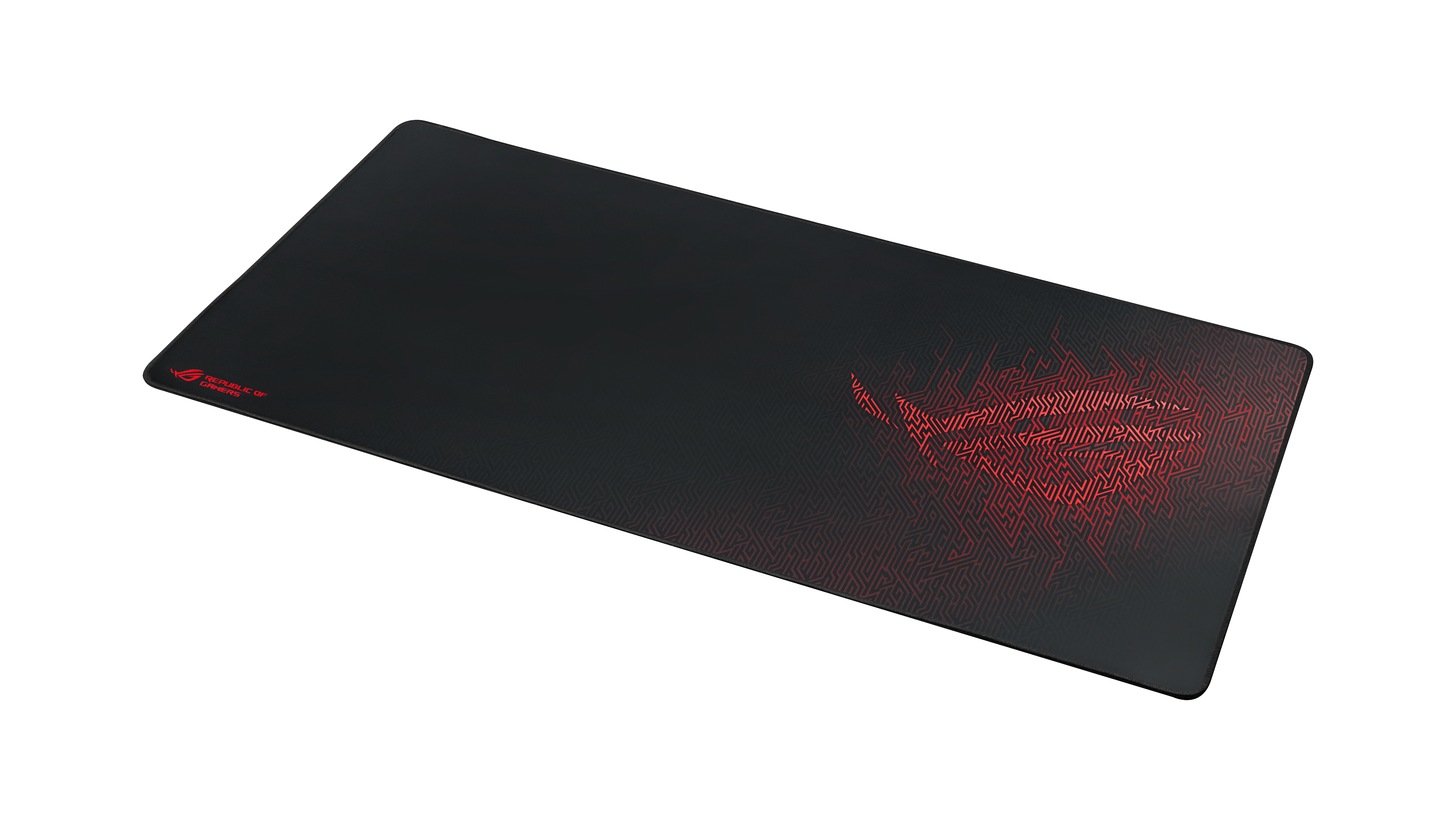 Ein langes schwarzes Mauspad mit rotem Cyberpunk-Muster und Republic of Gamers-Logo.