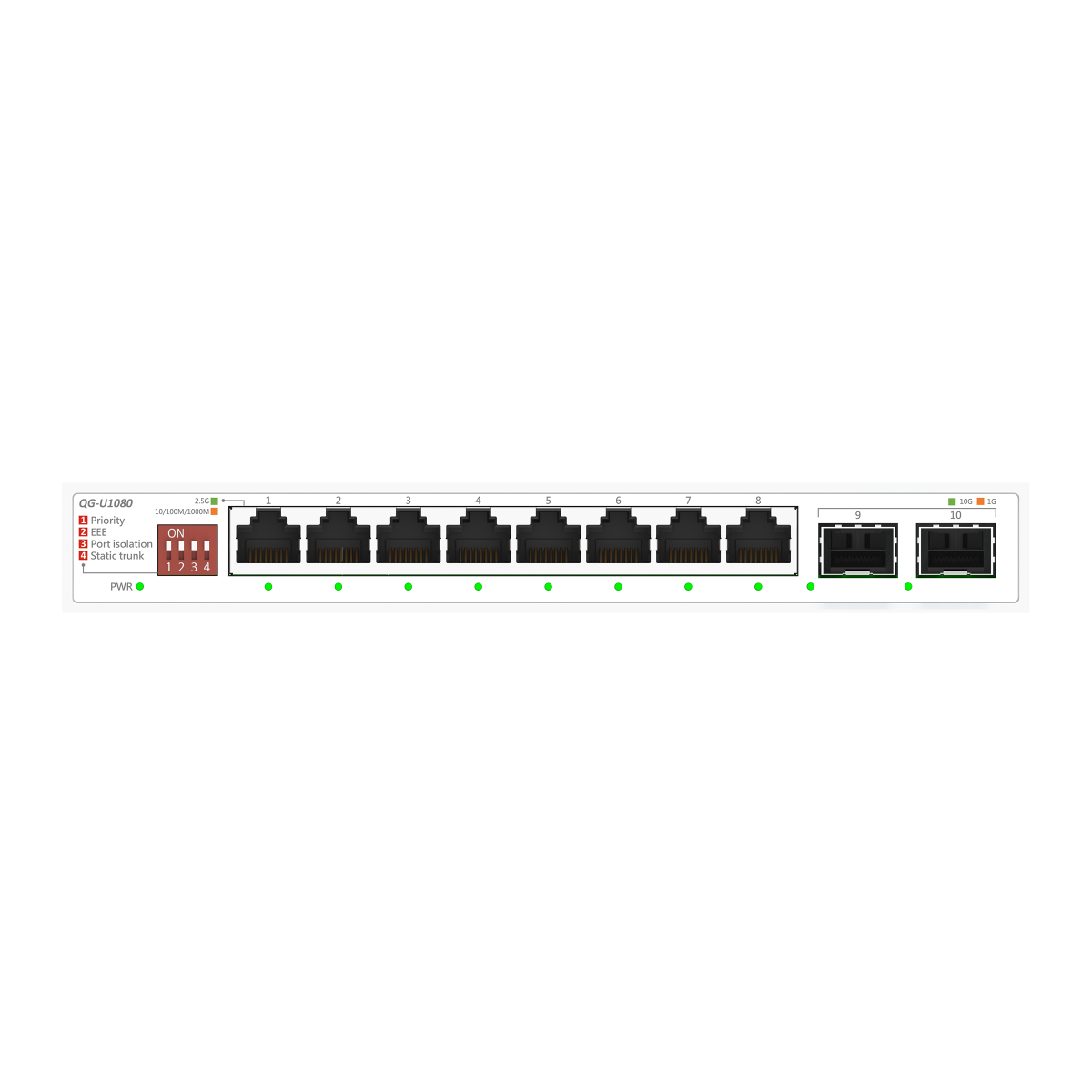 Netzwerk-Switch-Frontplatte mit acht RJ45-Ports, zwei SFP-Ports, Status-LEDs und einem Konfigurationsschalter.