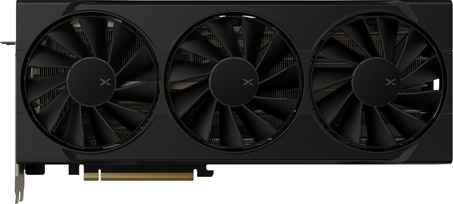Una tarjeta gráfica negra con tres grandes ventiladores, aletas de refrigeración y un conector PCIe.