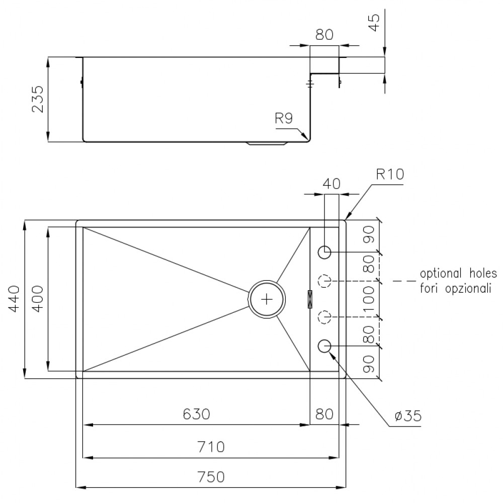 Disegno tecnico di un lavello rettangolare con quote.