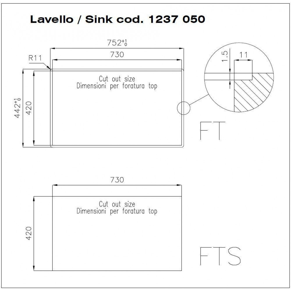 Disegno tecnico con le dimensioni di taglio per un lavello.