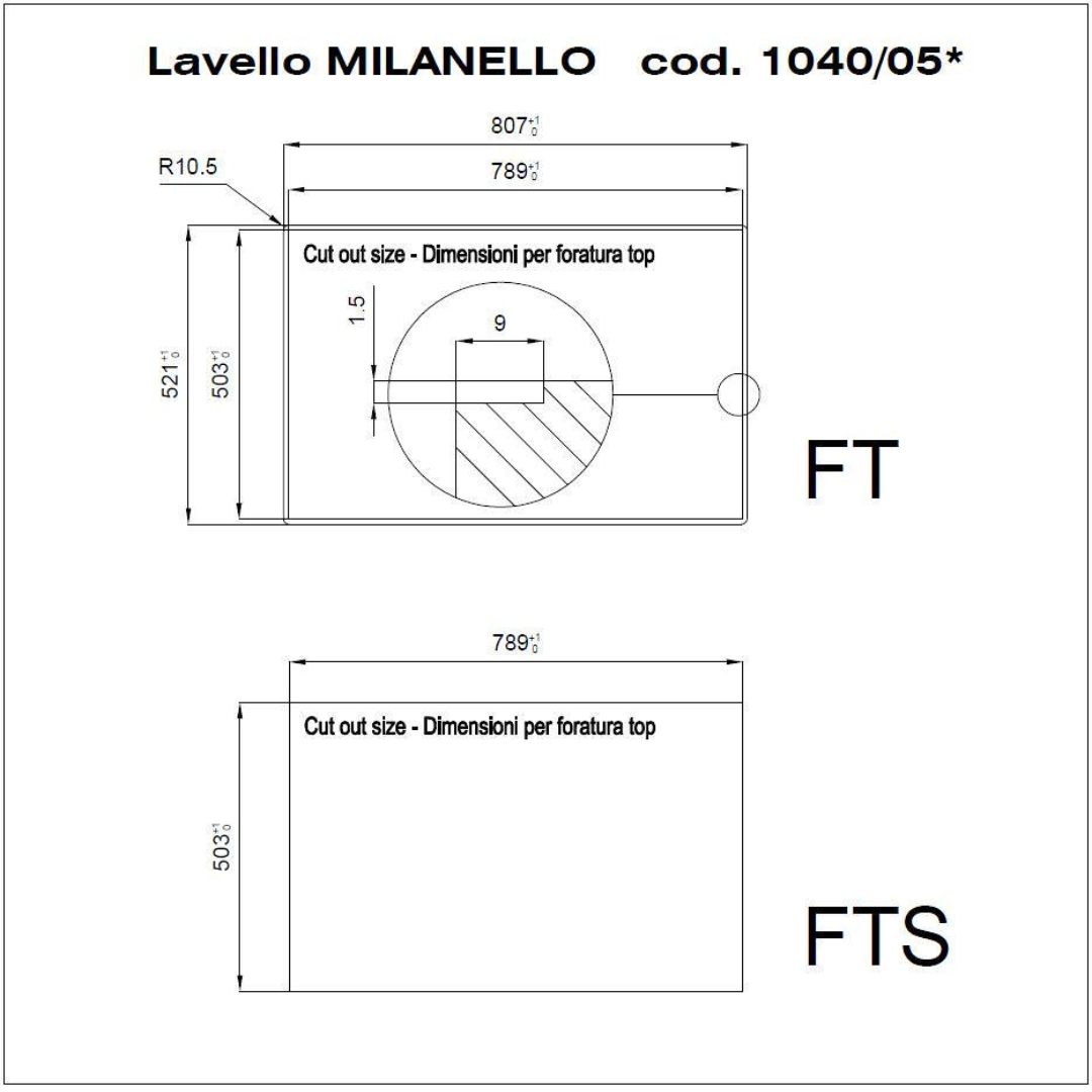 Disegno tecnico del lavello Milanello con dimensioni e misure di taglio.