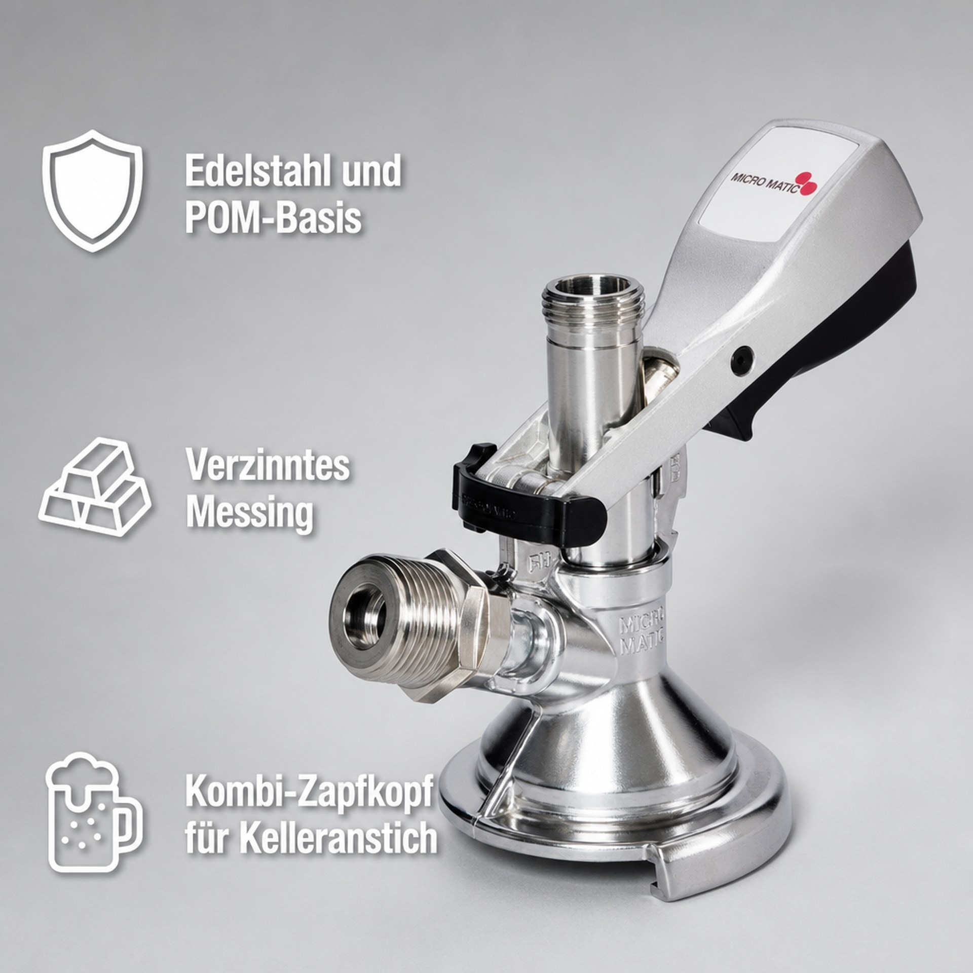 Glänzender Micro Matic Bierkeg-Zapfkopf auf grauem Hintergrund mit erklärenden Texten und Symbolen.