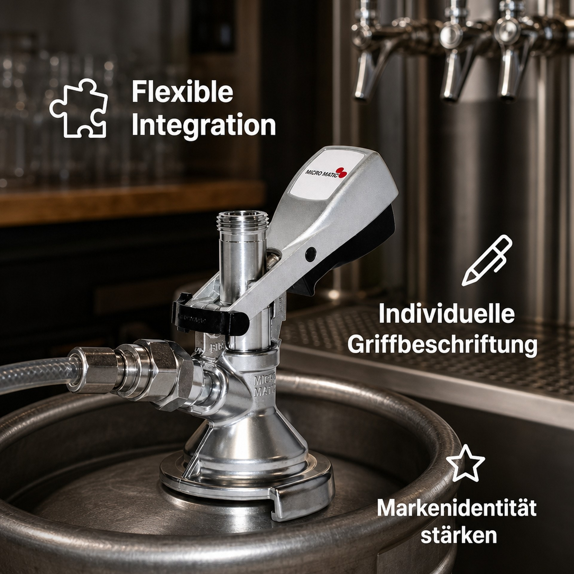 Ein Bierzapfkopf auf einem Fass mit Symbolen und Text über flexible Integration.