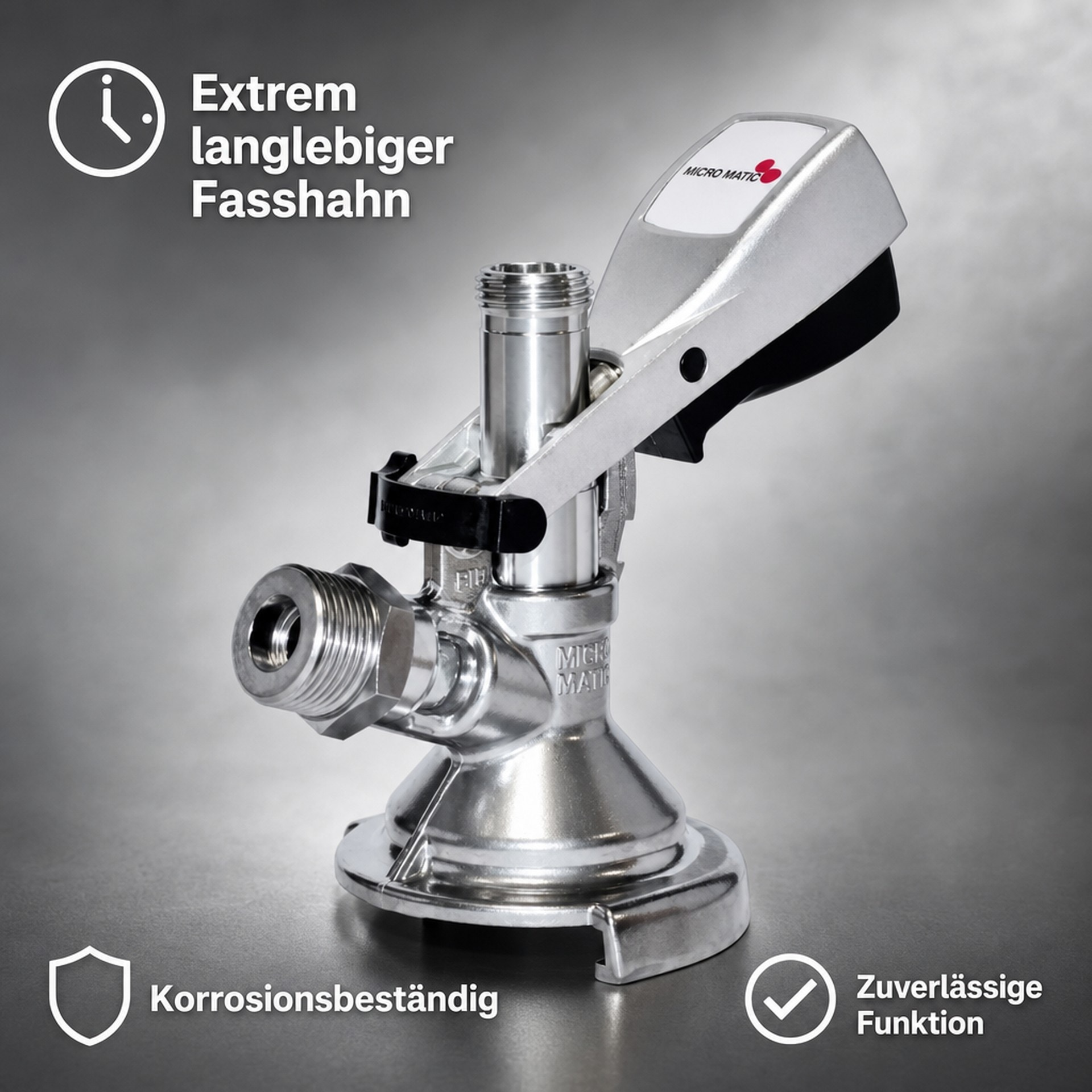 Ein silberner Micro Matic Fasshahn auf grauem Hintergrund mit Text über Langlebigkeit und Korrosionsbeständigkeit.
