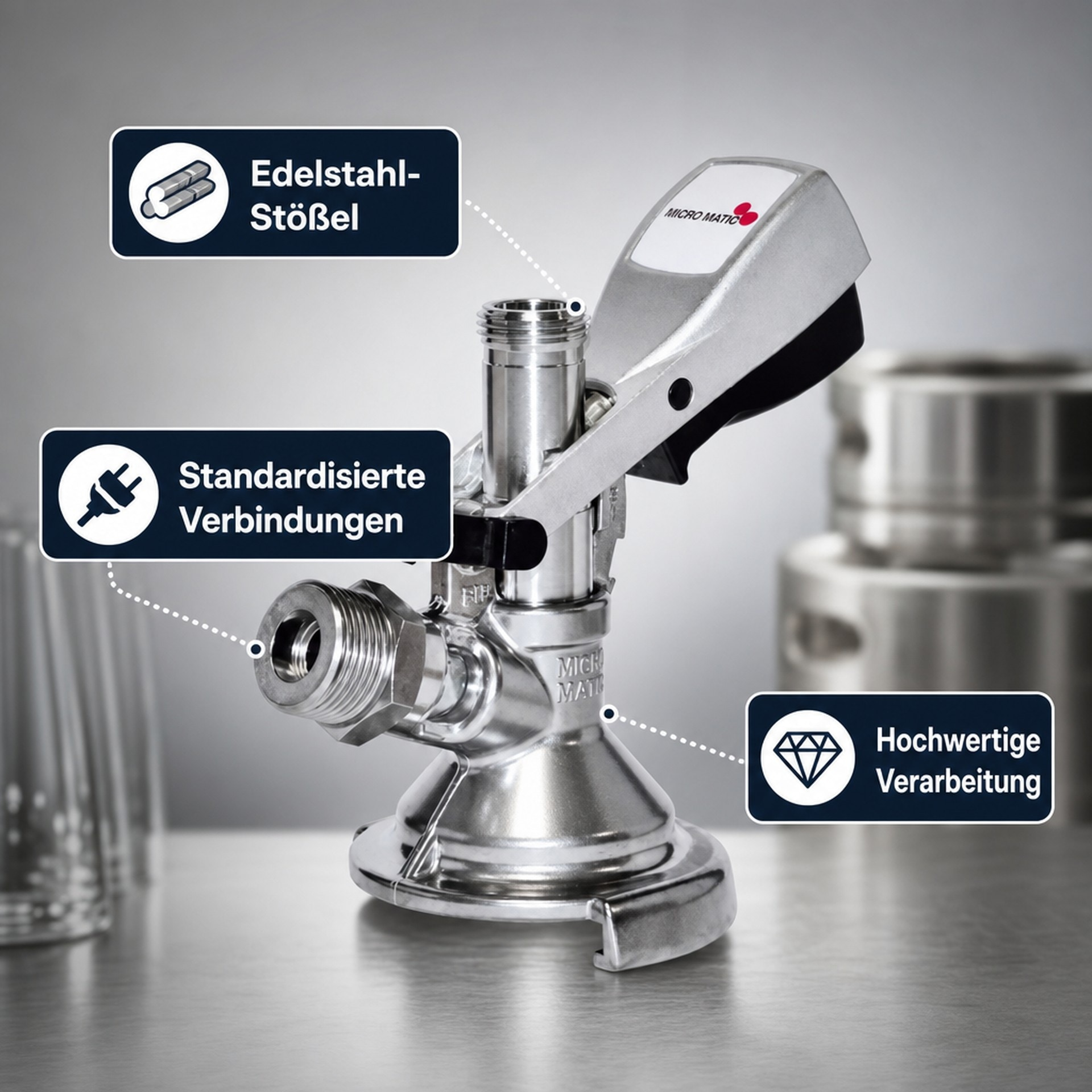 Micro Matic Bierzapfkopf mit Pfeilen und Textfeldern, die Edelstahldüse, Standardanschlüsse und hochwertige Verarbeitung zeigen.
