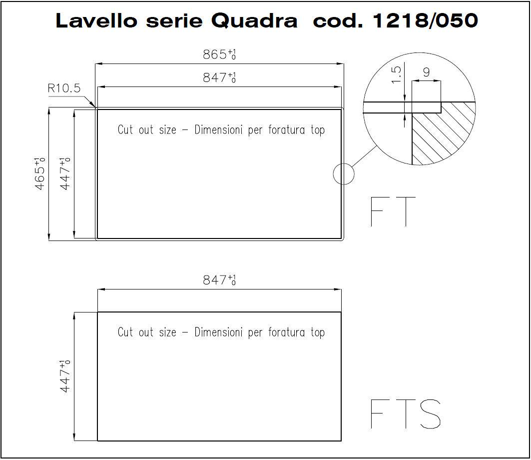 Disegno tecnico di un ritaglio per lavello con dimensioni e dettaglio.