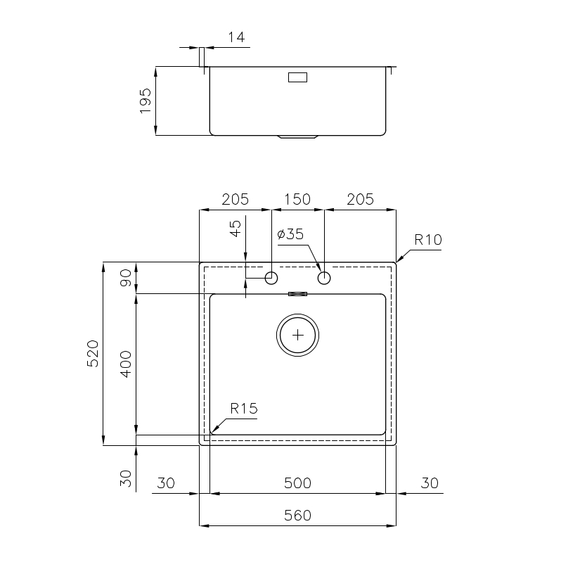 Disegno tecnico di un lavello rettangolare con dimensioni e misure da vista superiore e frontale.