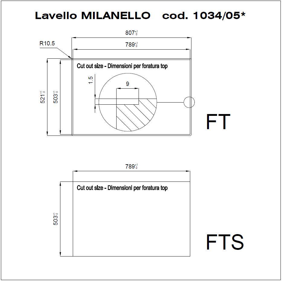 Disegno tecnico con quote per il lavello Milanello cod. 1034/05.