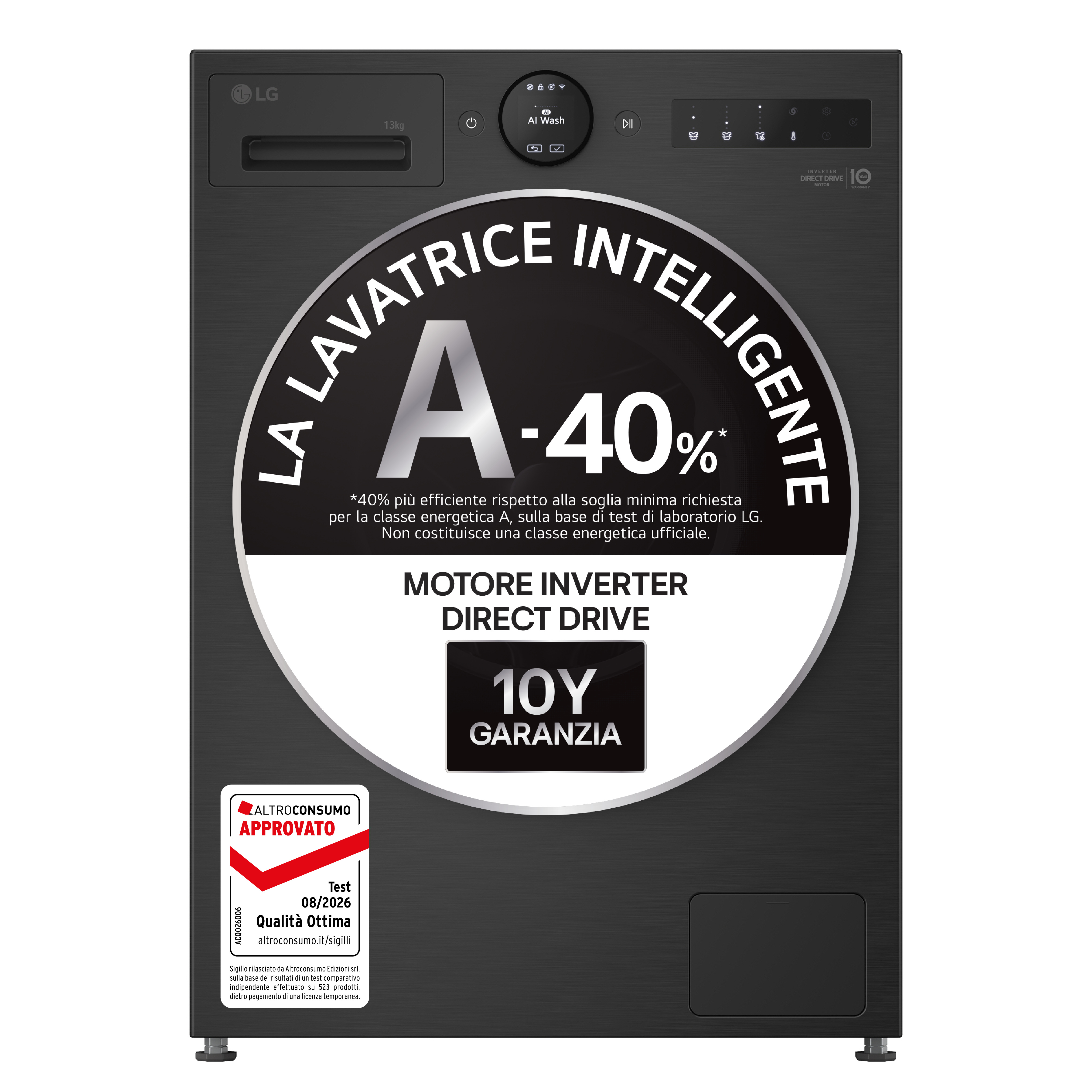 Lavatrice LG nera con etichetta di efficienza energetica e display digitale.