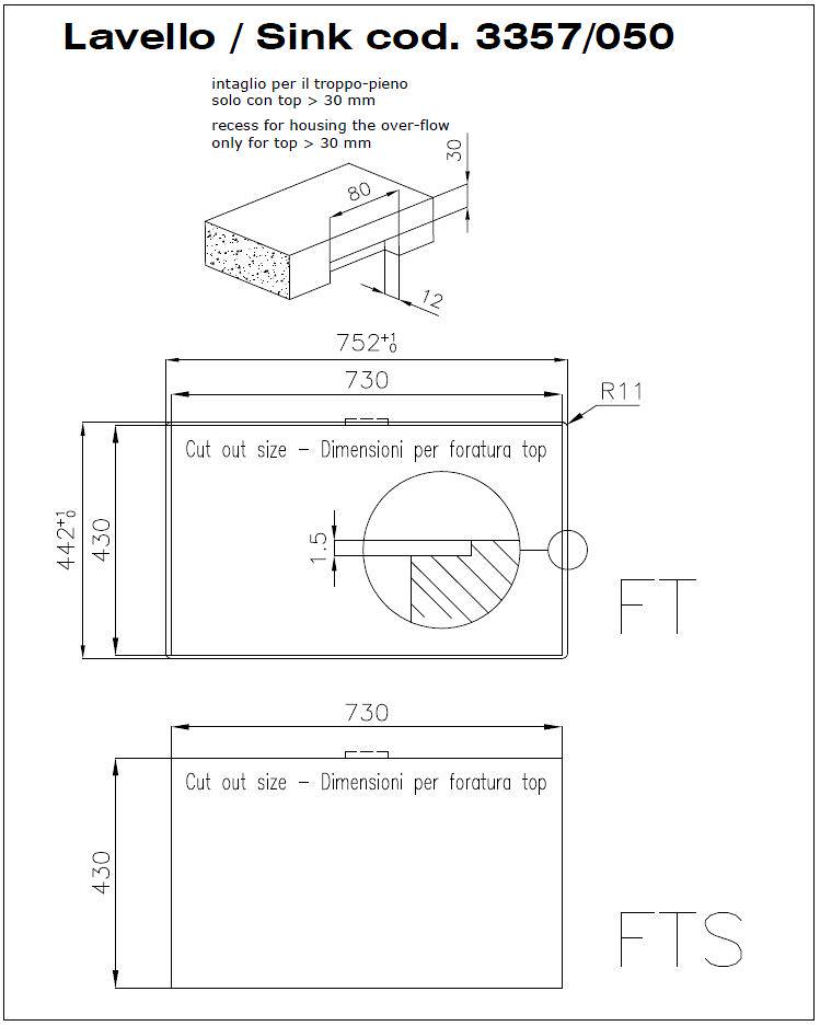 Disegno tecnico di un lavello con quote e dettagli di installazione su sfondo bianco.