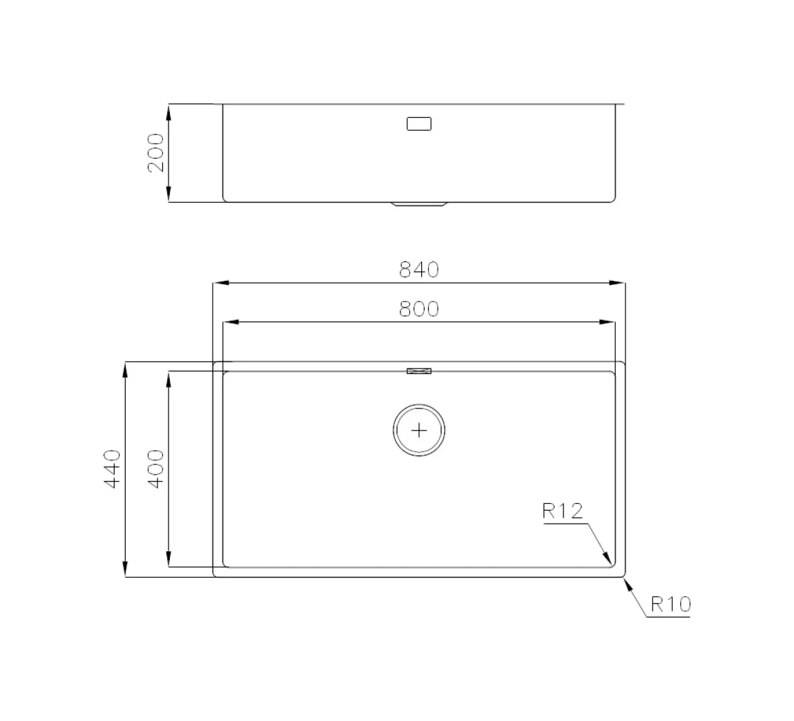 Disegno tecnico di un lavello da cucina con dimensioni 840x440x200 mm e scarico.