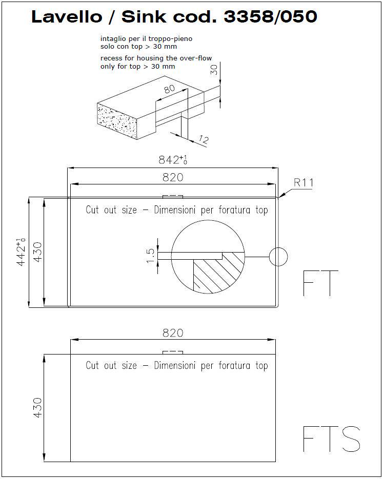 Disegno tecnico di un lavello con dimensioni e dettagli di taglio.