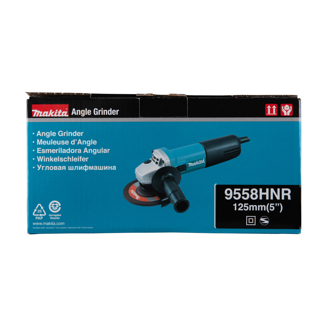Produktverpackung für Makita Winkelschleifer 9558HNR mit blauen und schwarzen Akzenten.