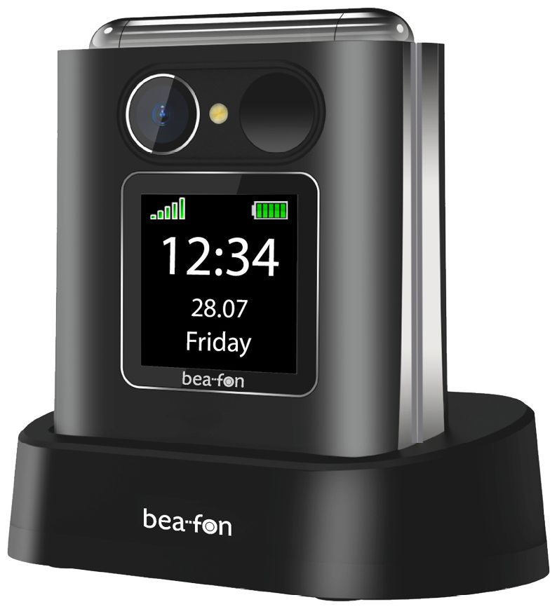 Un dispositivo Beafon nero in una base di ricarica mostra l'ora 12:34, la batteria e la data.