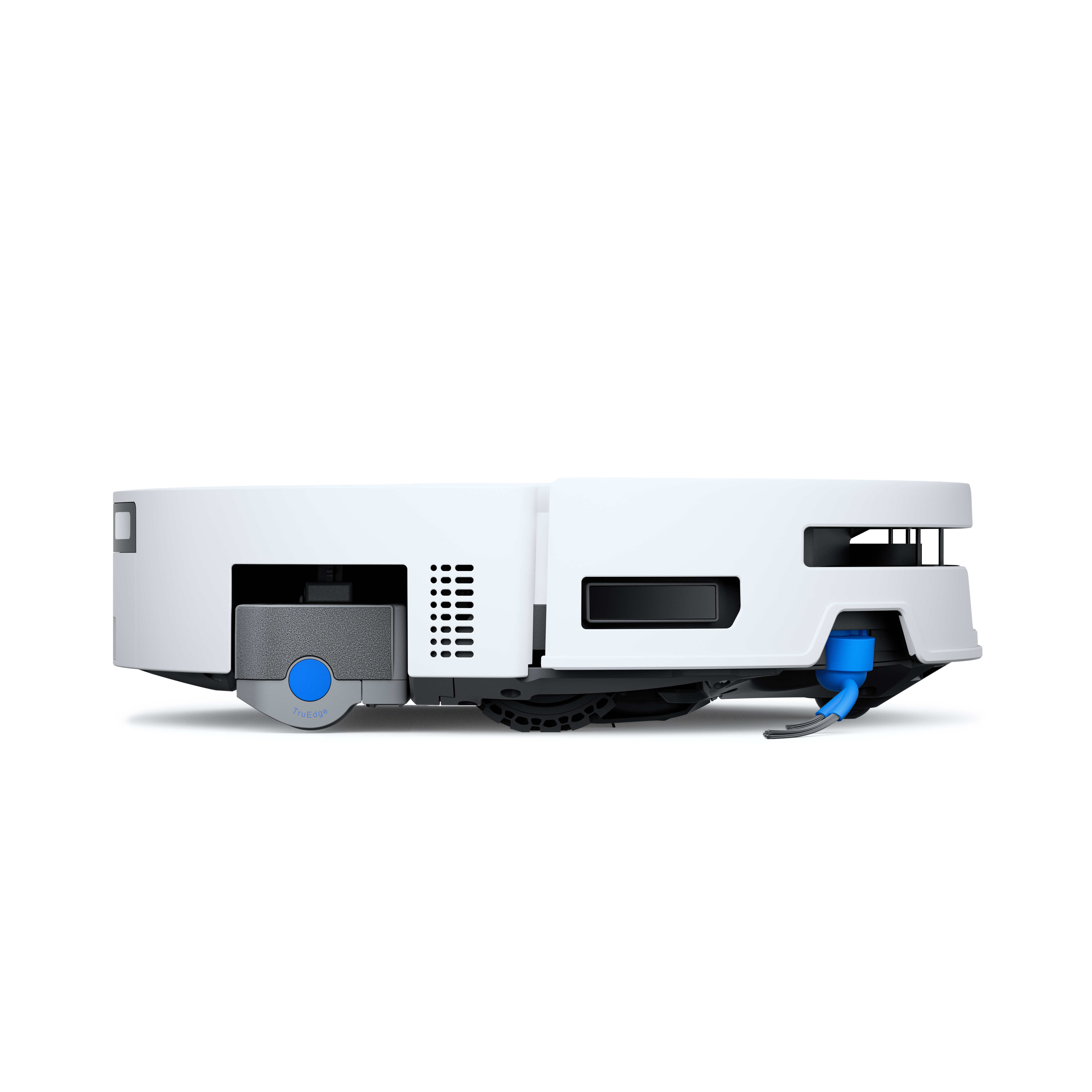 Vista inferior de un robot aspirador blanco con detalles azules y sensores sobre fondo blanco.