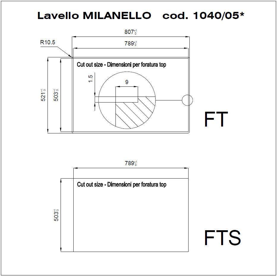 Disegno tecnico del lavello MILANELLO 1040/05 con quote di incasso per versioni FT e FTS.
