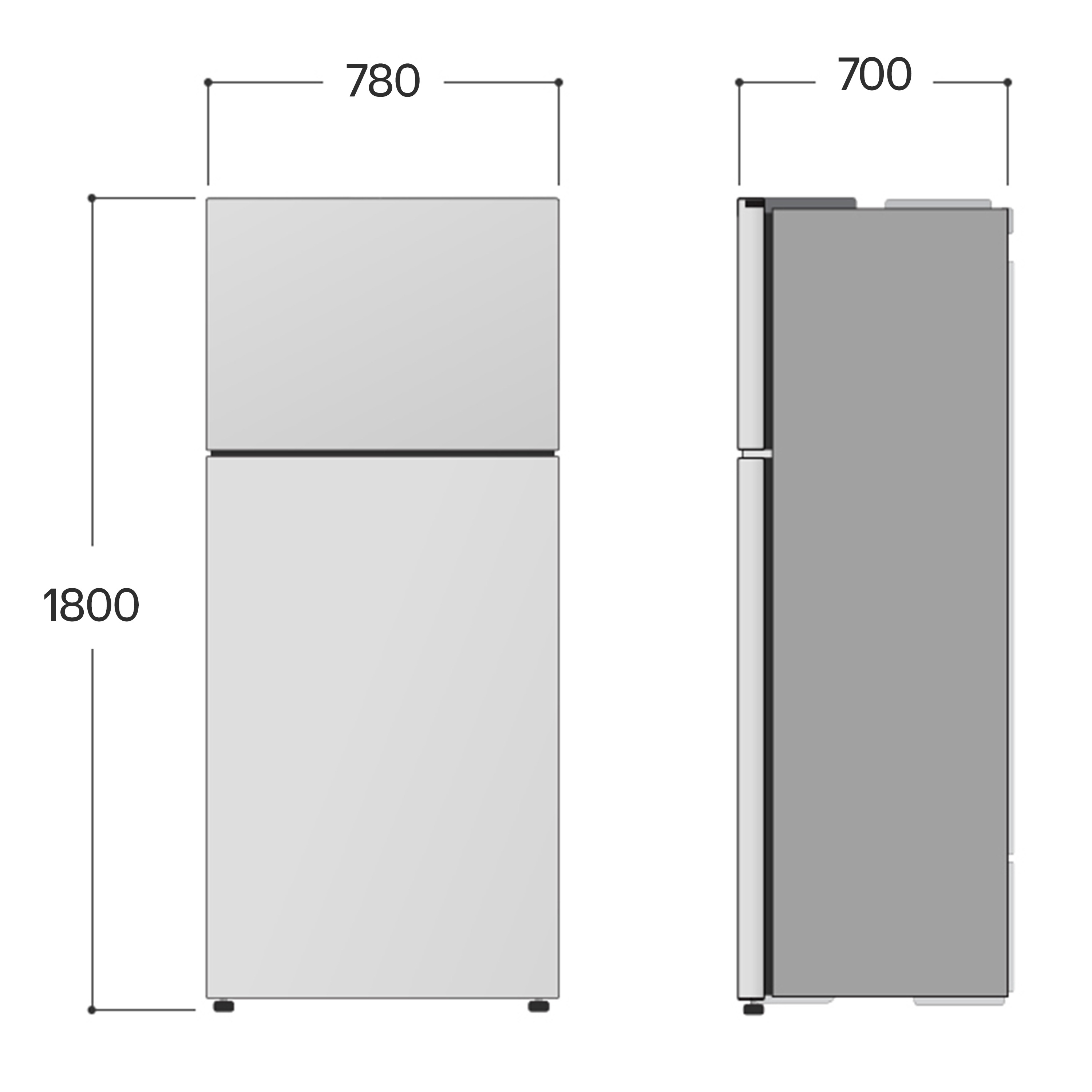 Technische Zeichnung eines Kühlschranks mit den Maßen 1800x780x700 mm.