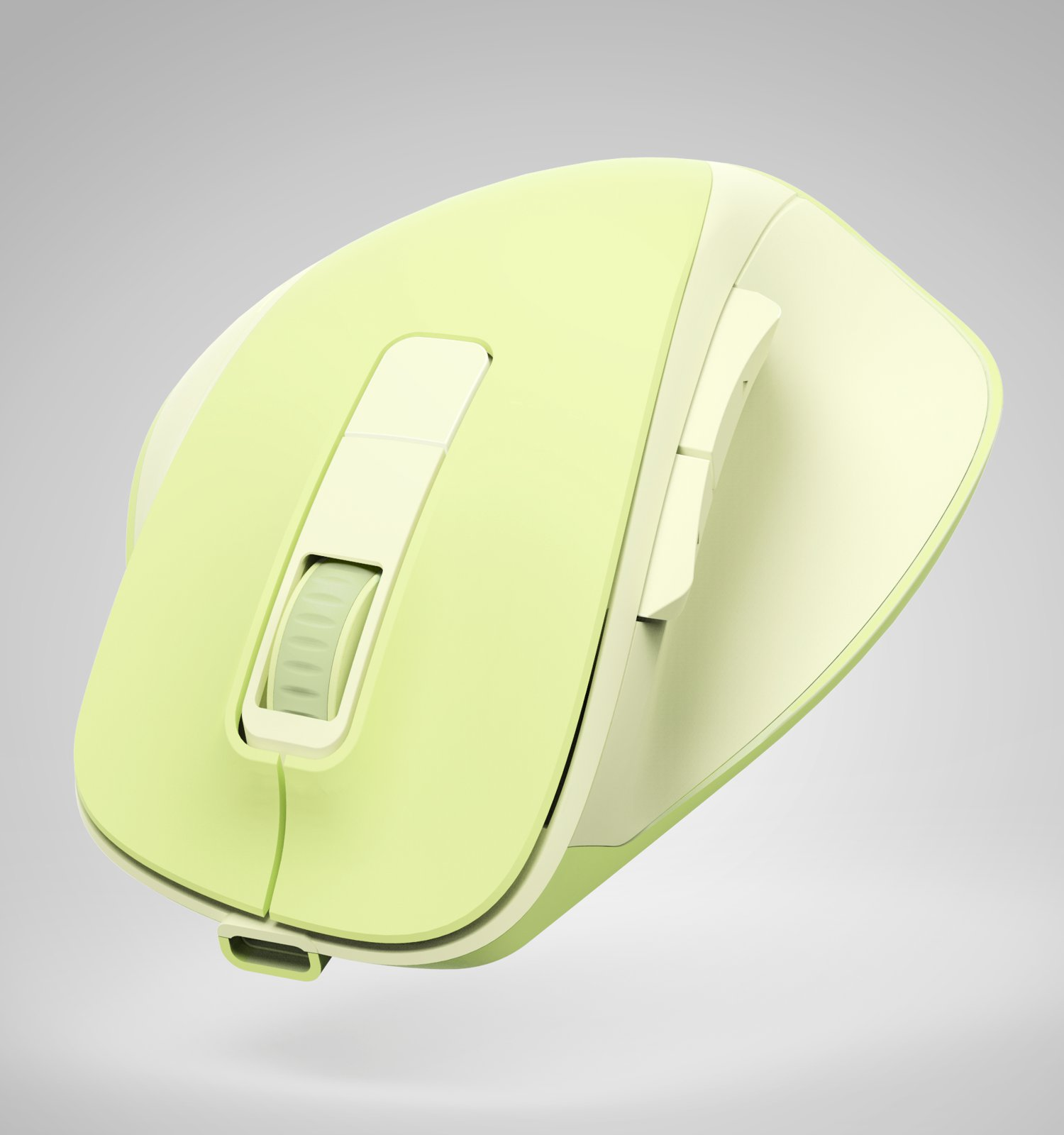 Un mouse per computer verde chiaro con rotella di scorrimento e pulsanti laterali su sfondo grigio.