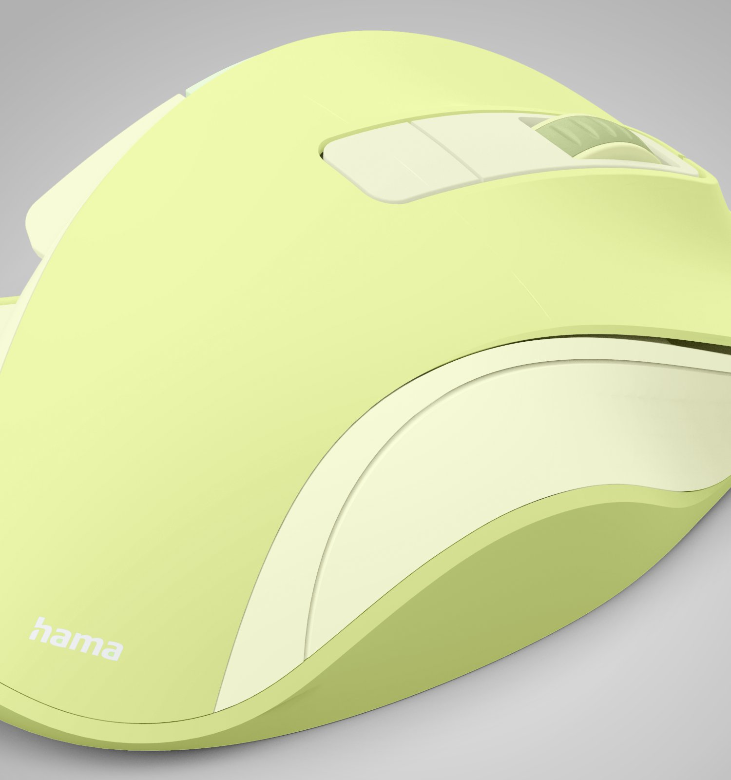 Un mouse per computer wireless verde chiaro del marchio Hama è posizionato su uno sfondo neutro.