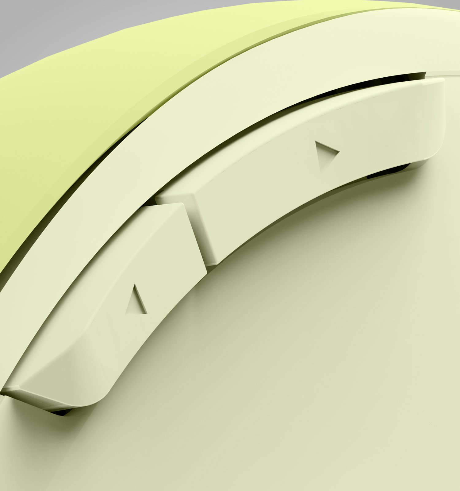 Pulsanti curvi verde chiaro con icone di frecce su una superficie liscia.