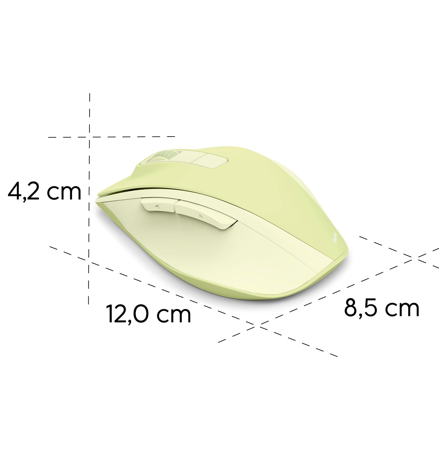 Mouse per computer verde chiaro con misurazioni di altezza, lunghezza e larghezza su sfondo bianco.