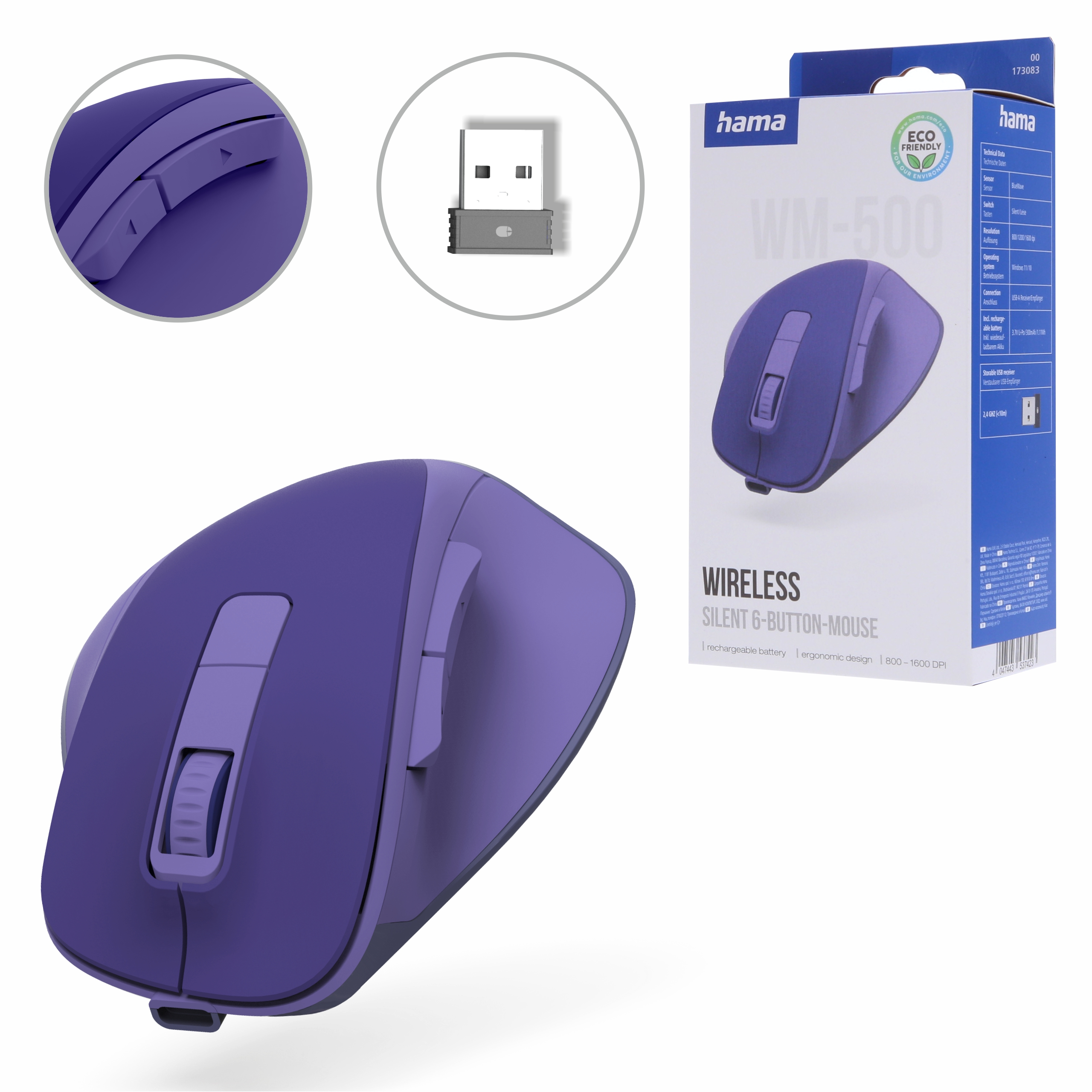 Lila kabellose 6-Tasten-Maus mit USB-Empfänger und Verpackung.