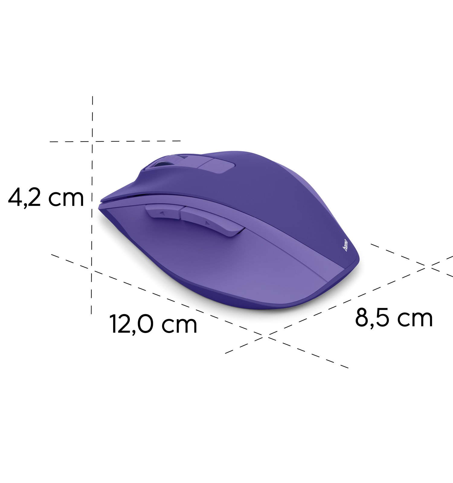 Lila Computermaus auf weißem Grund mit Bemaßung: 12,0 cm lang, 8,5 cm breit und 4,2 cm hoch.