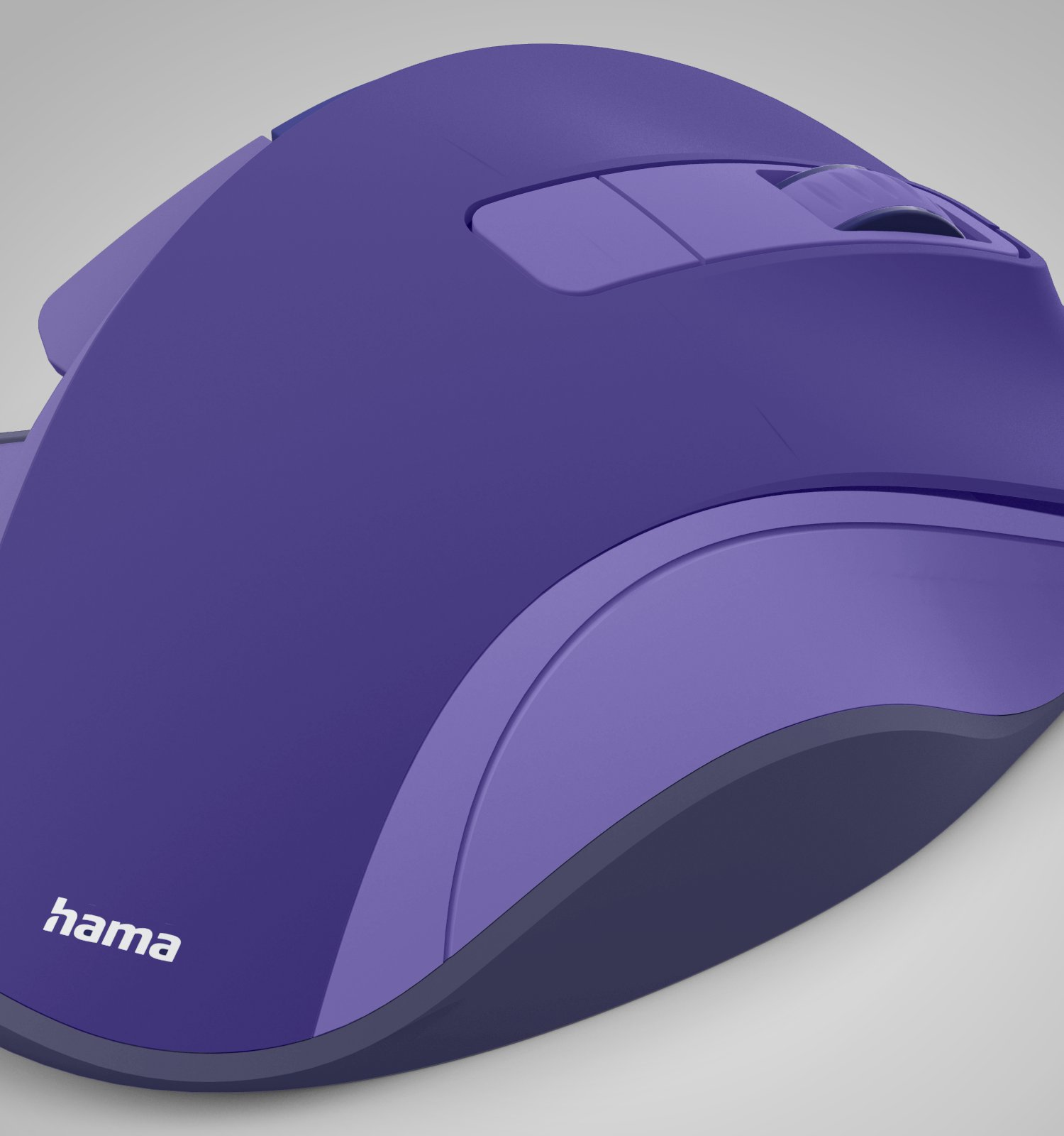 Eine lila ergonomische Hama-Kabellos-Computermaus auf hellem Untergrund.