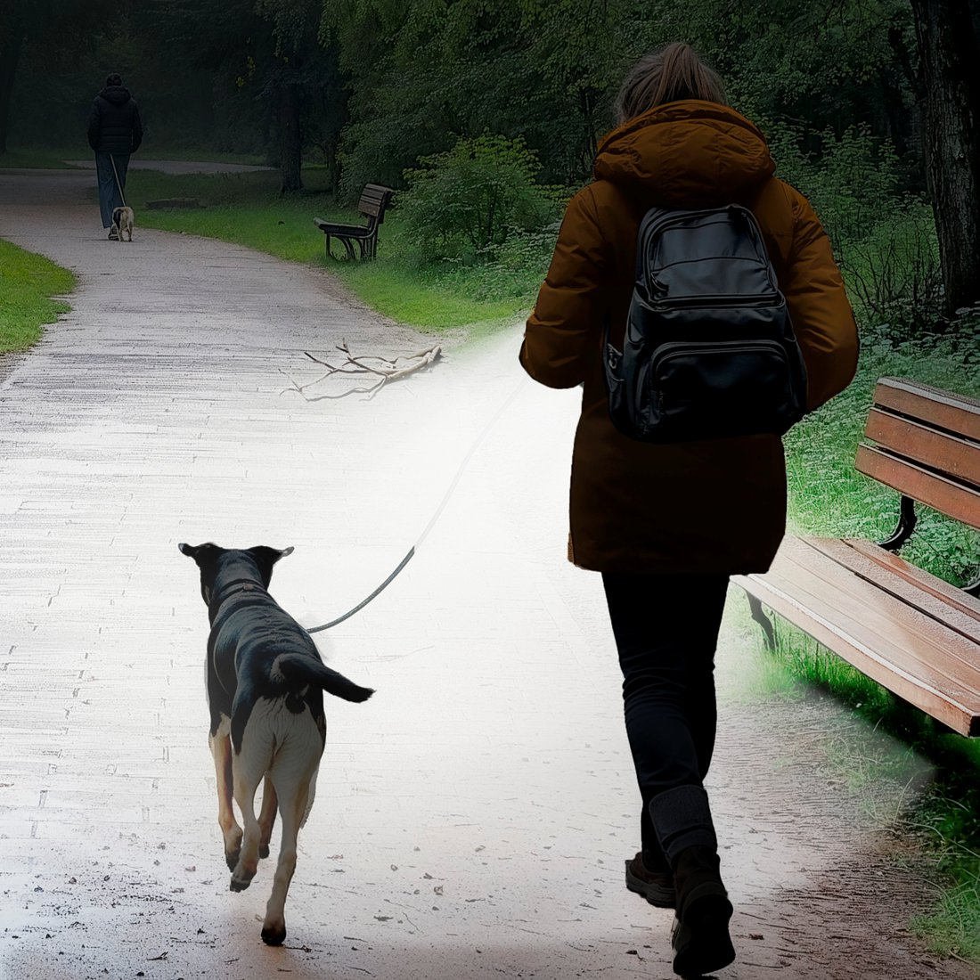 Una mujer con chaqueta amarilla pasea a su perro por un sendero del parque, con otra persona visible a lo lejos.