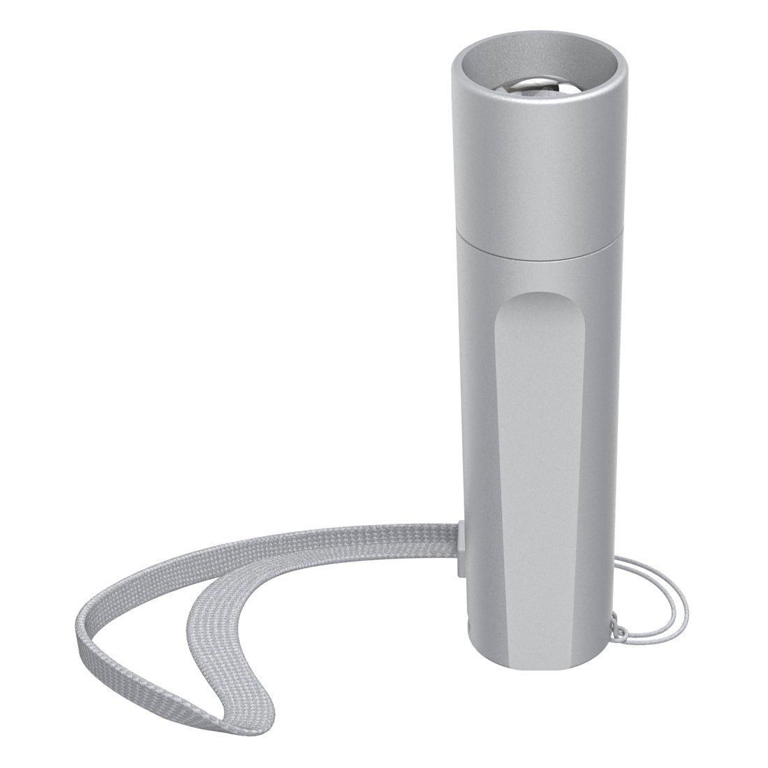 Una linterna plateada y elegante se encuentra verticalmente con un cordón gris sobre un fondo blanco.