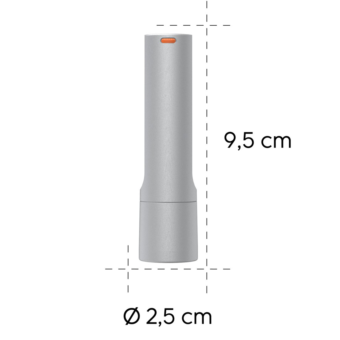 Objeto cilíndrico gris con dimensiones de 9,5 cm de altura y 2,5 cm de diámetro.
