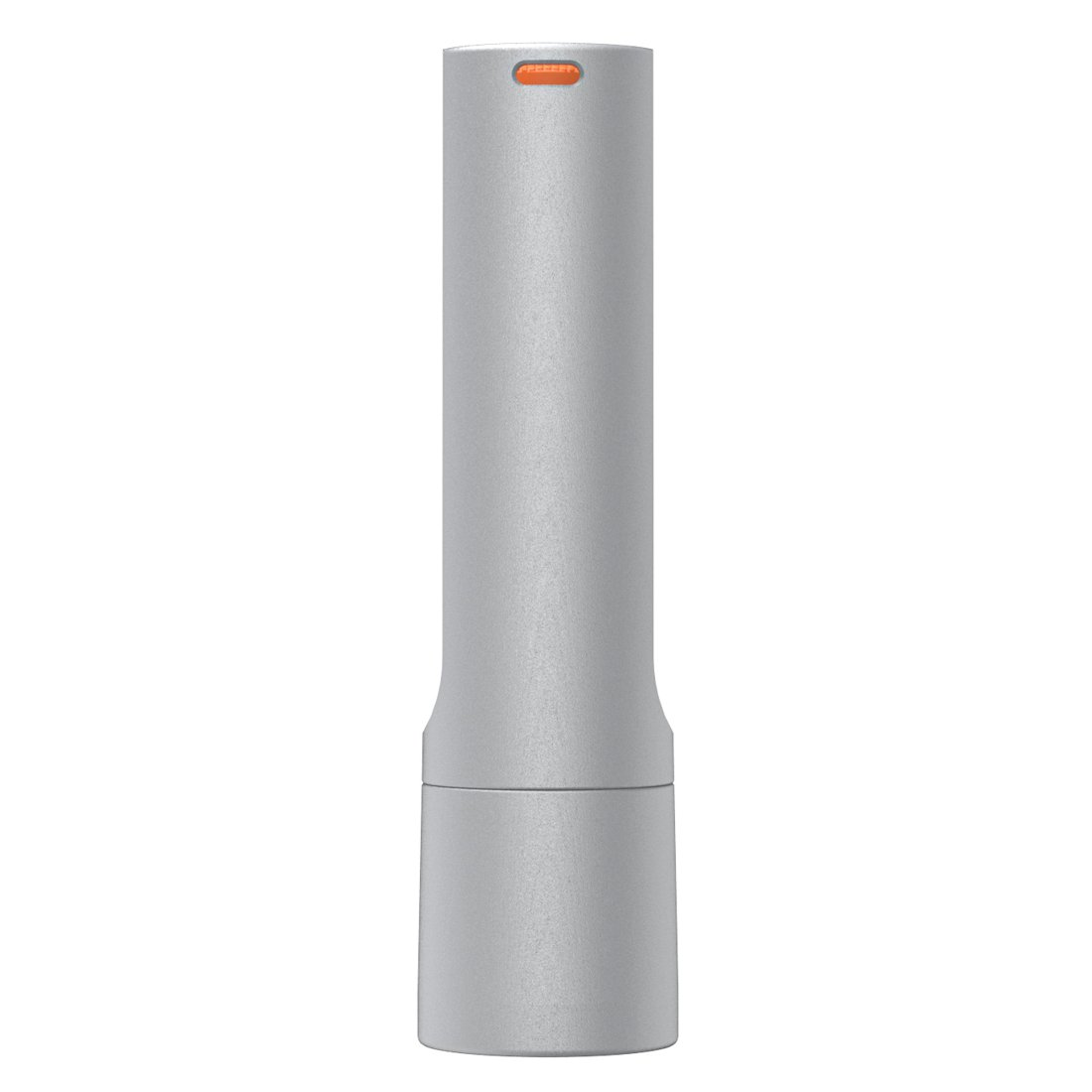 Un dispositivo gris cilíndrico con un pequeño botón naranja cerca de la parte superior.