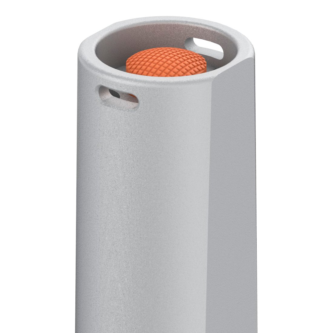 Un cilindro gris con bordes redondeados y asas tiene una tapa redonda texturizada de color naranja.
