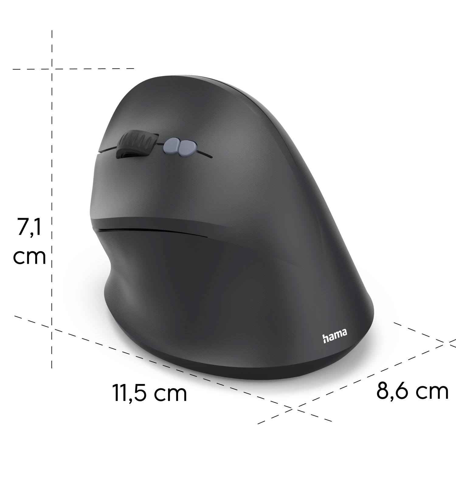 Un ratón de ordenador vertical ergonómico negro con dimensiones de 11,5x8,6x7,1 cm sobre fondo blanco.
