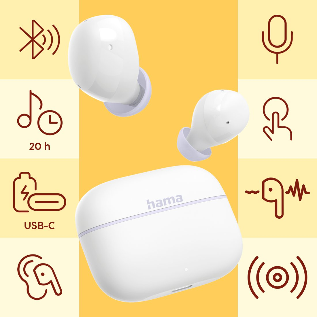 Weiße Hama In-Ear-Kopfhörer und Ladecase auf gelbem Hintergrund mit Funktionssymbolen.