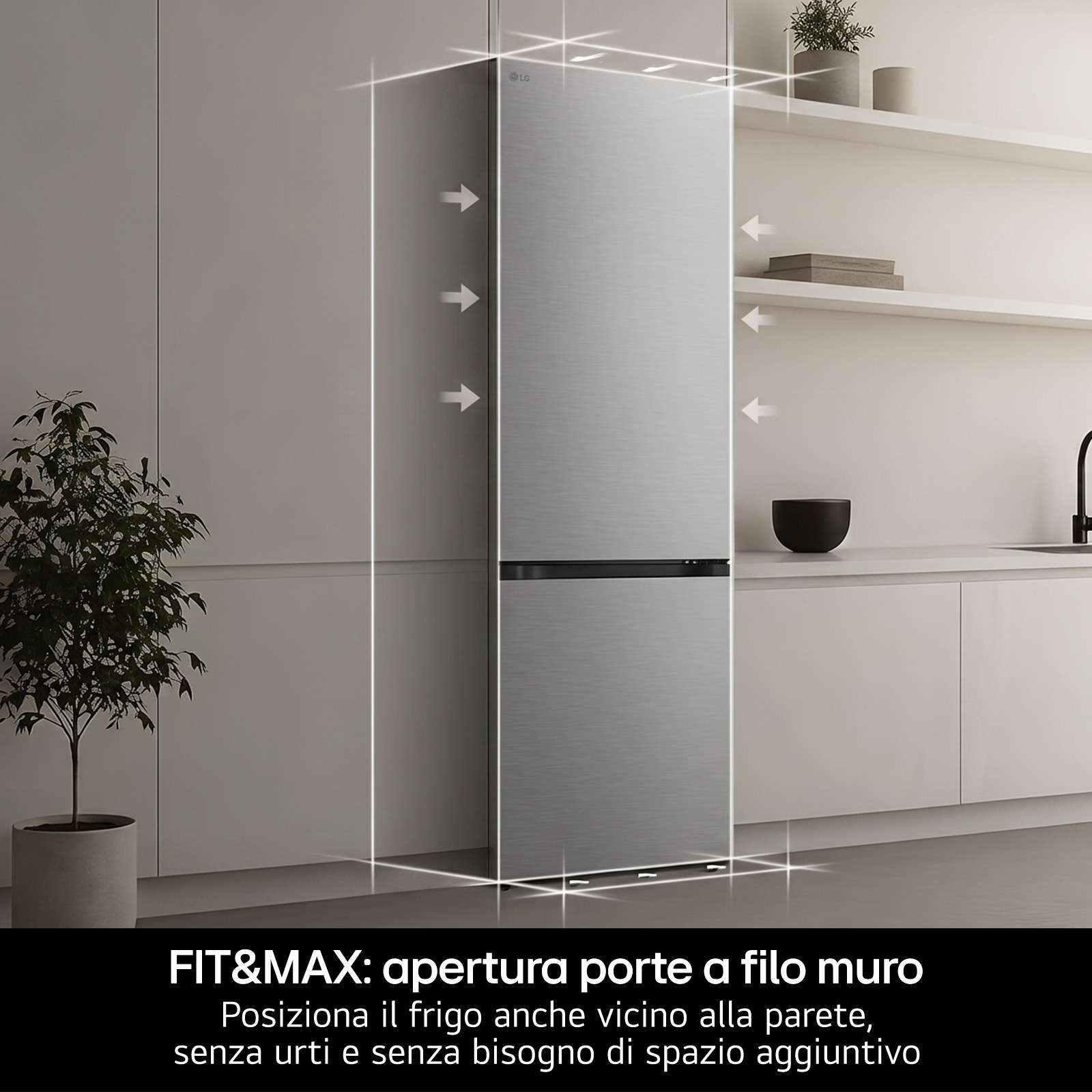 Un refrigerador plateado LG se encuentra empotrado en una moderna cocina blanca con plantas y estantes.
