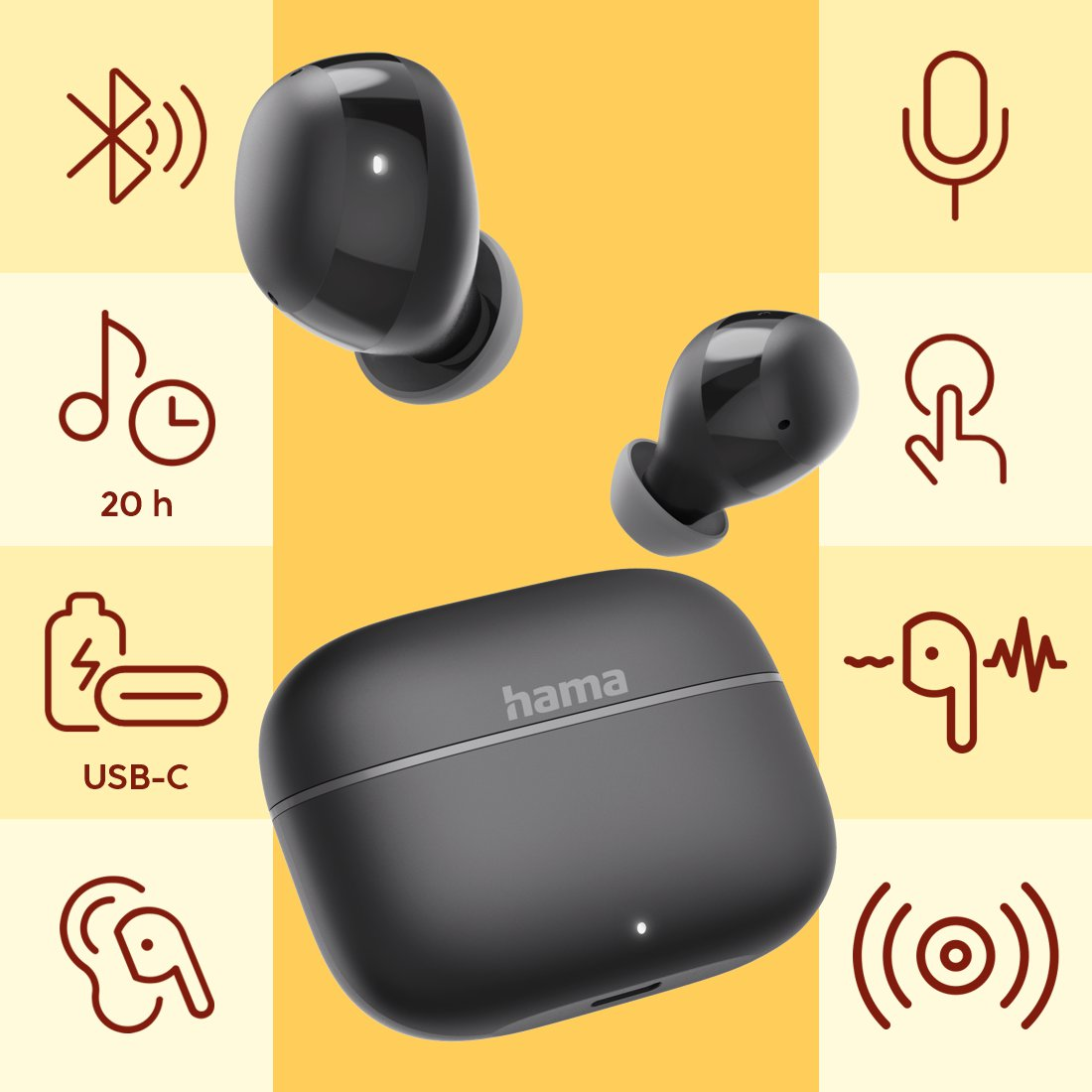 Schwarze Hama True-Wireless-Ohrhörer mit Ladecase und Symbolen für Bluetooth, Akku, Mikrofon und Touch-Steuerung.