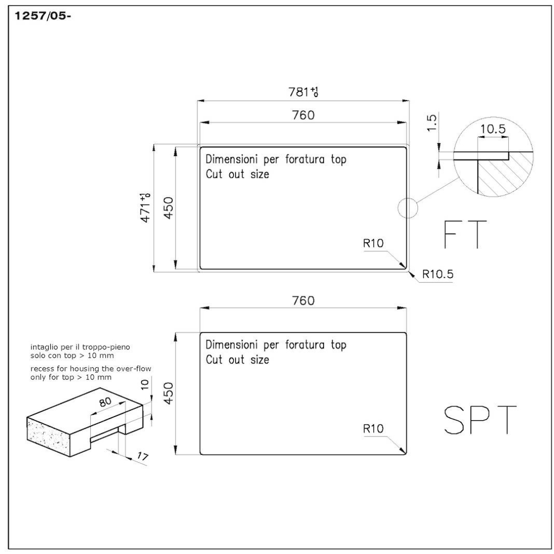 Disegno tecnico con quote di incasso per FT e SPT e vista di dettaglio.