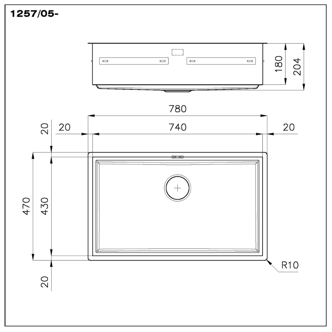Disegno tecnico di un lavello da cucina con quote in millimetri dall'alto e dal fronte.