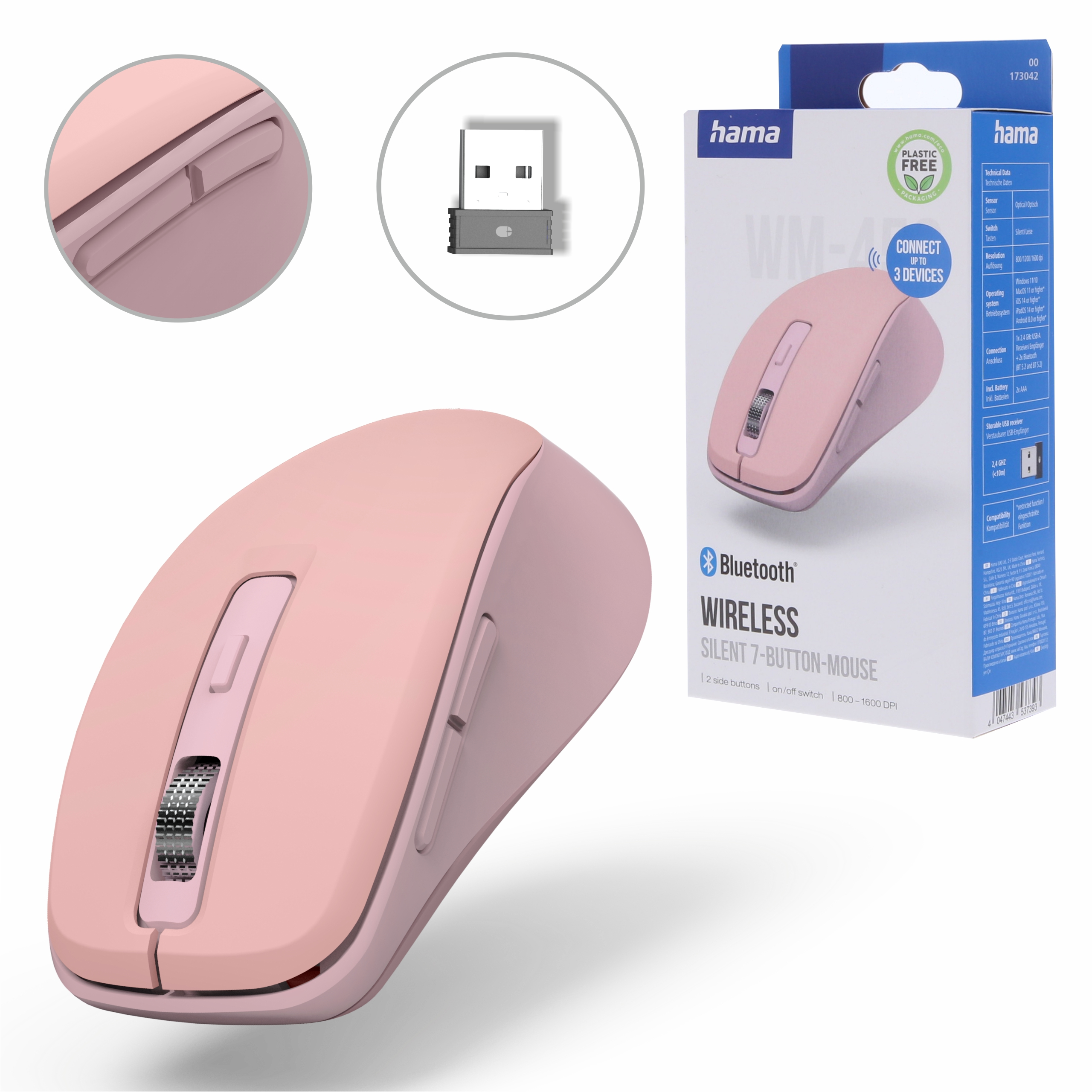 Rosa kabellose Hama Bluetooth-Maus mit Verpackung, USB-Empfänger und Detailaufnahmen.