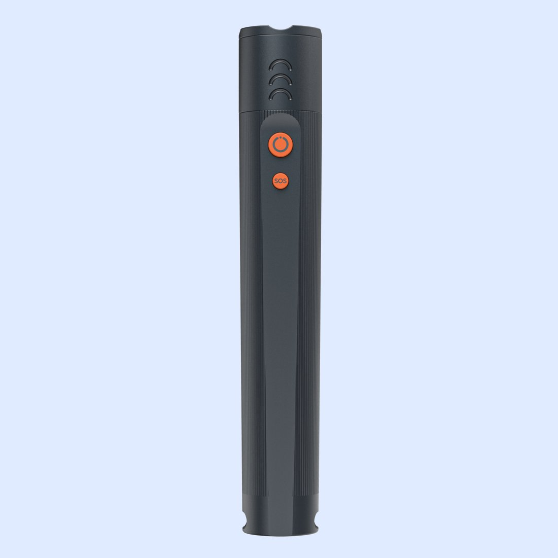 Linterna cilíndrica gris oscuro con cuerpo acanalado, botones naranja de encendido y SOS sobre un fondo azul claro.