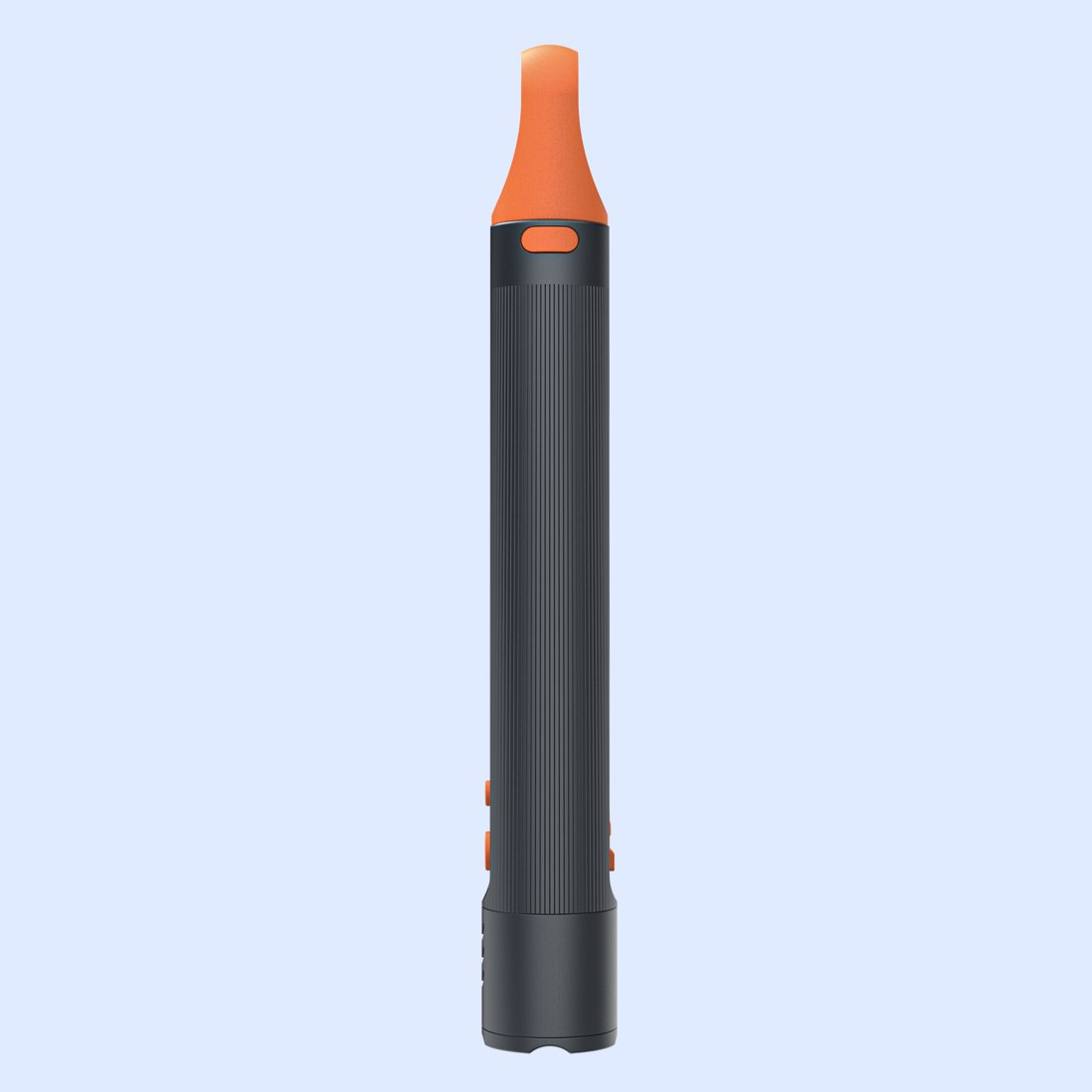 Un dispositivo electrónico negro con cuerpo acanalado, boquilla naranja y botones naranjas sobre fondo azul claro.