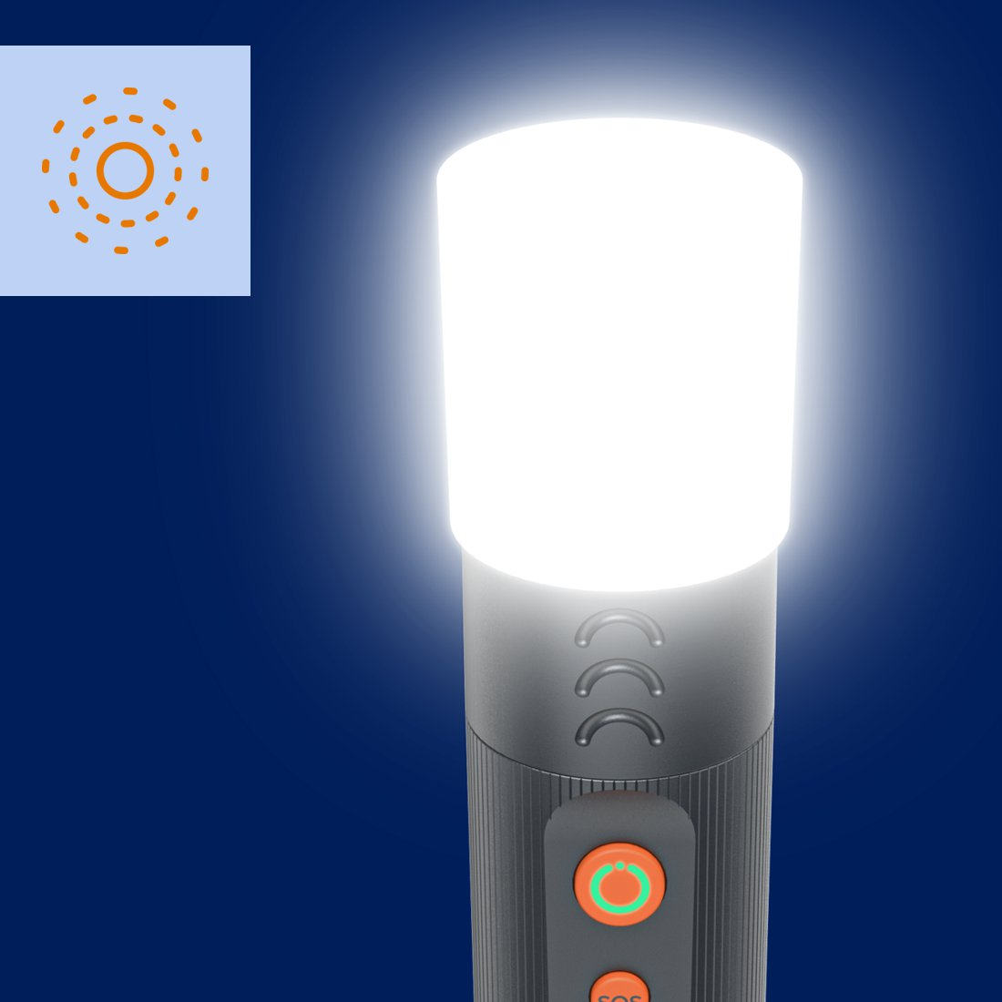 Una linterna LED cilíndrica encendida contra un fondo azul con un icono de sol.