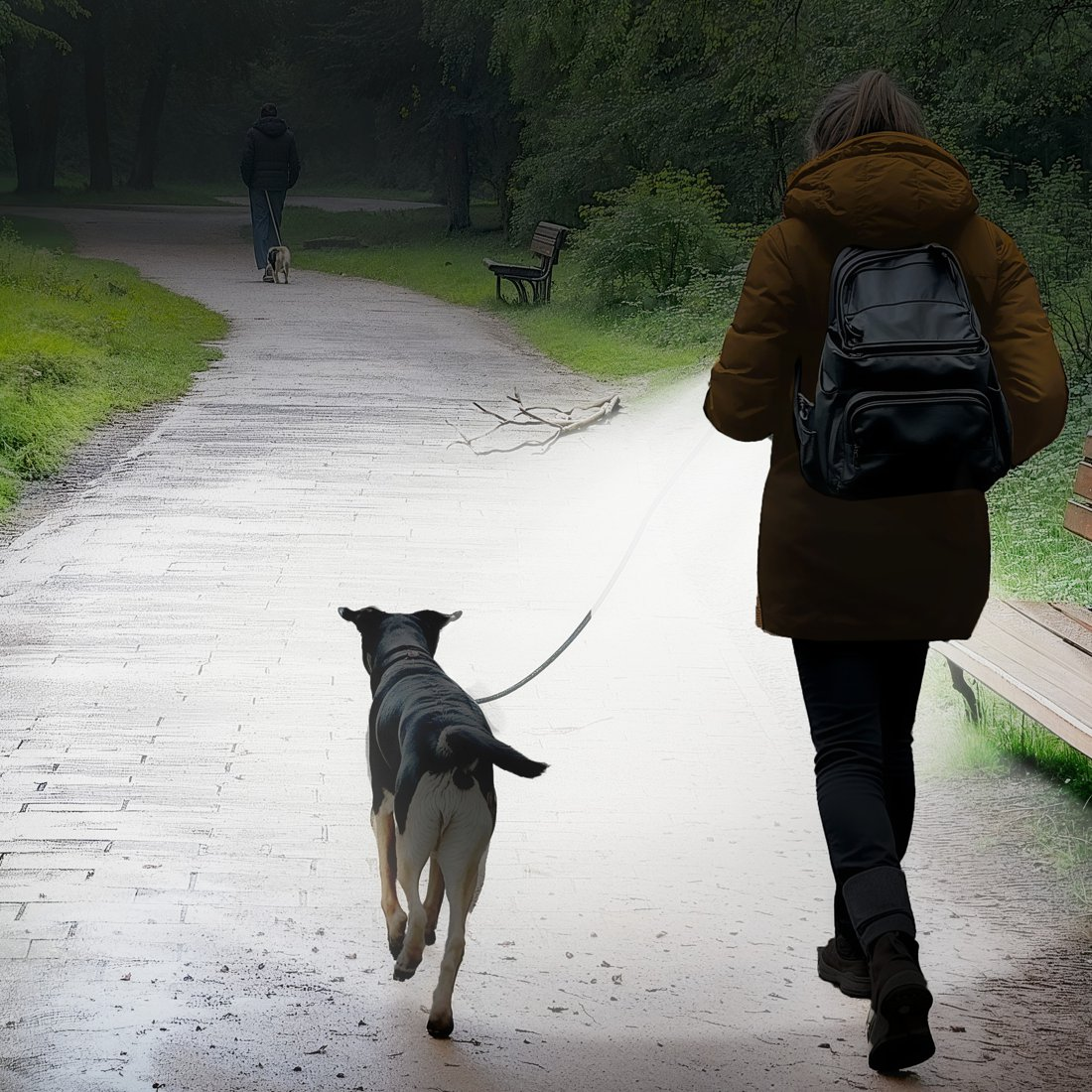 Una mujer con una mochila pasea a su perro por un sendero del parque, con otra persona visible al fondo.