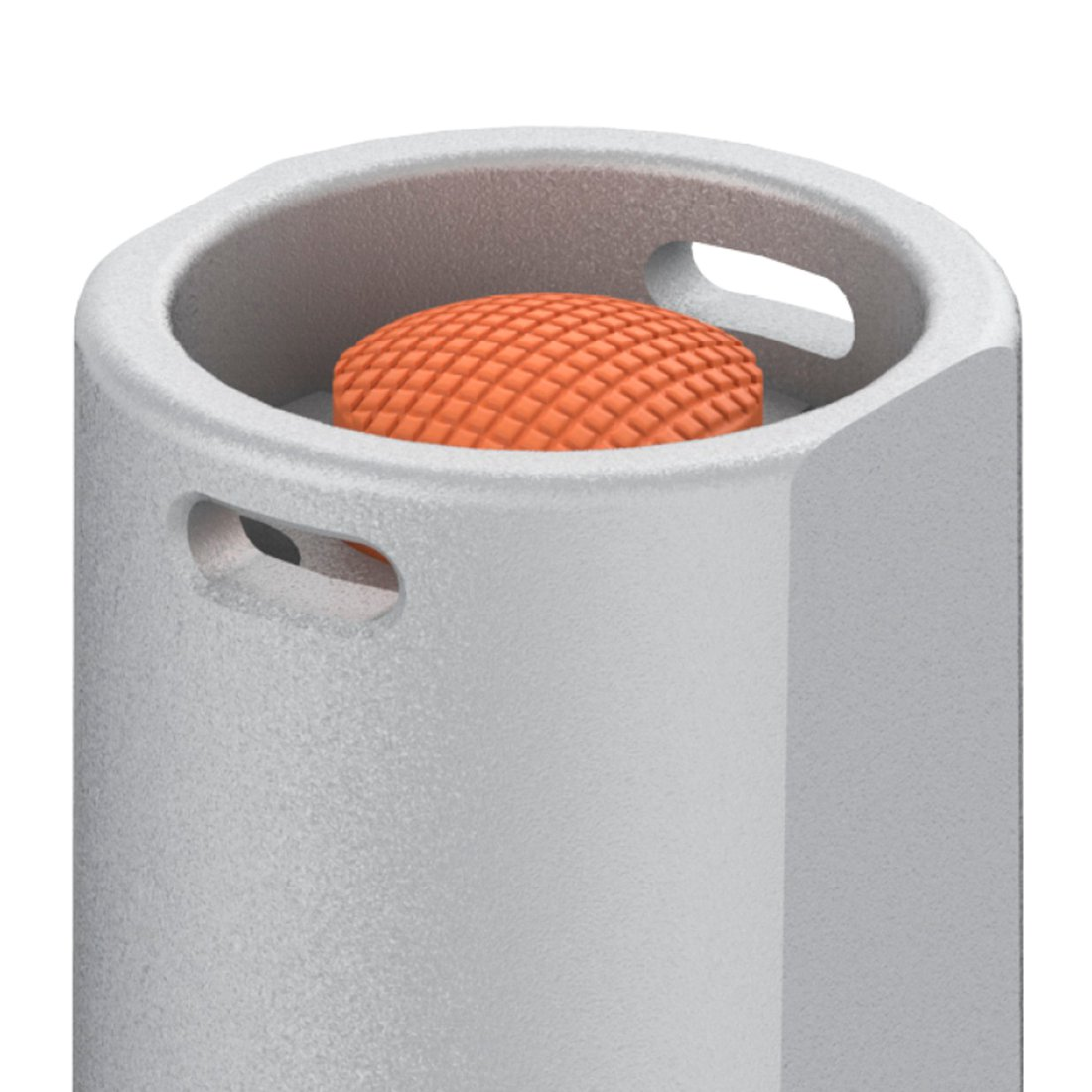 Un contenedor de hormigón gris con dos asas y una tapa redonda naranja texturizada.