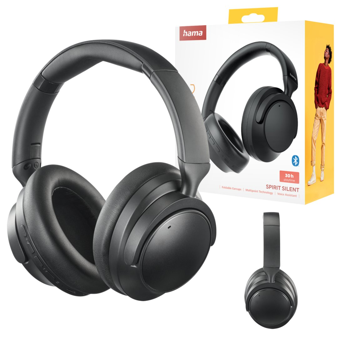 Schwarze Hama Spirit Silent Bluetooth-Kopfhörer mit Verpackung und Seitenansicht.
