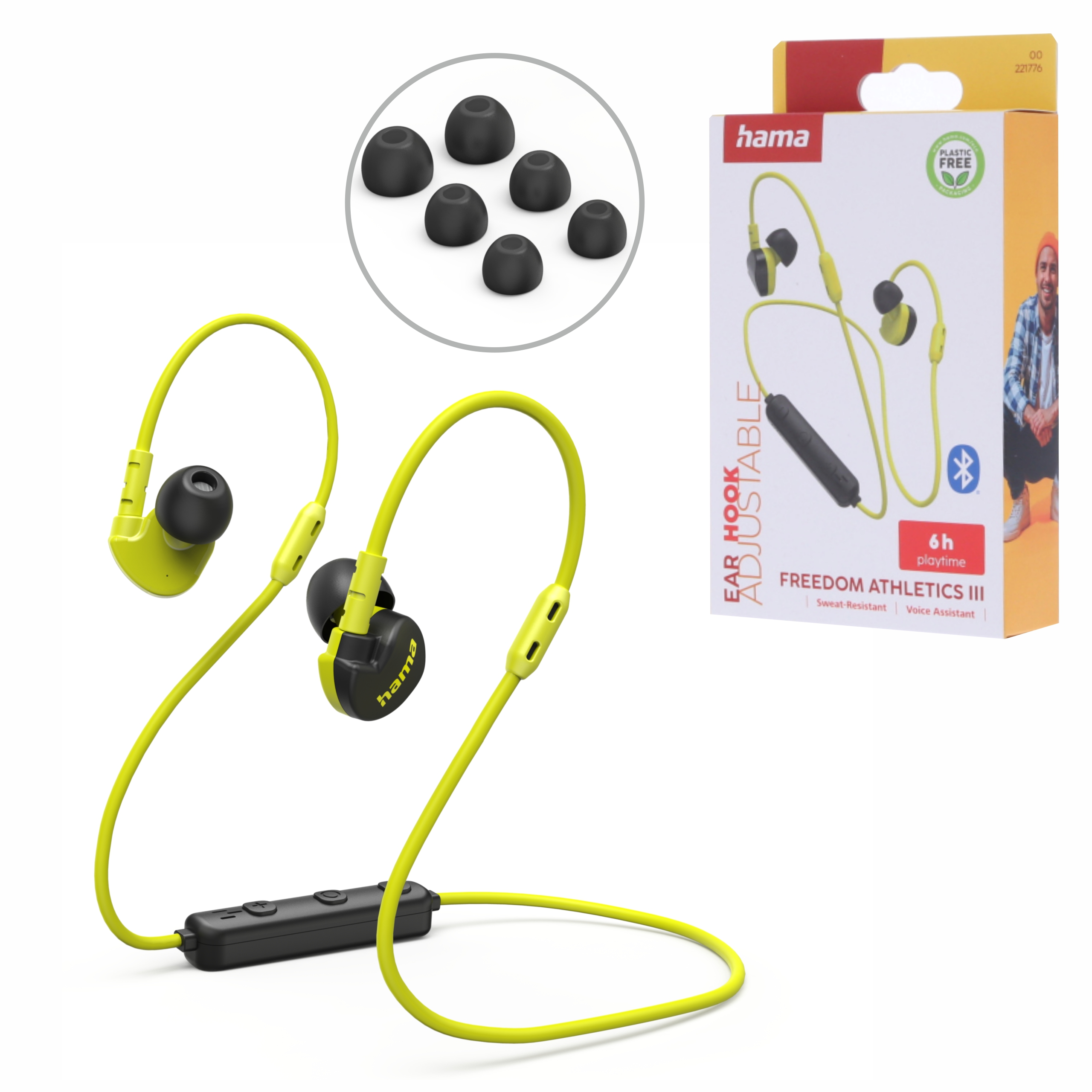 Gelbe Hama Bluetooth-Kopfhörer mit Ohrbügeln, zusätzlichen Ohrstöpseln und Verpackungskarton.