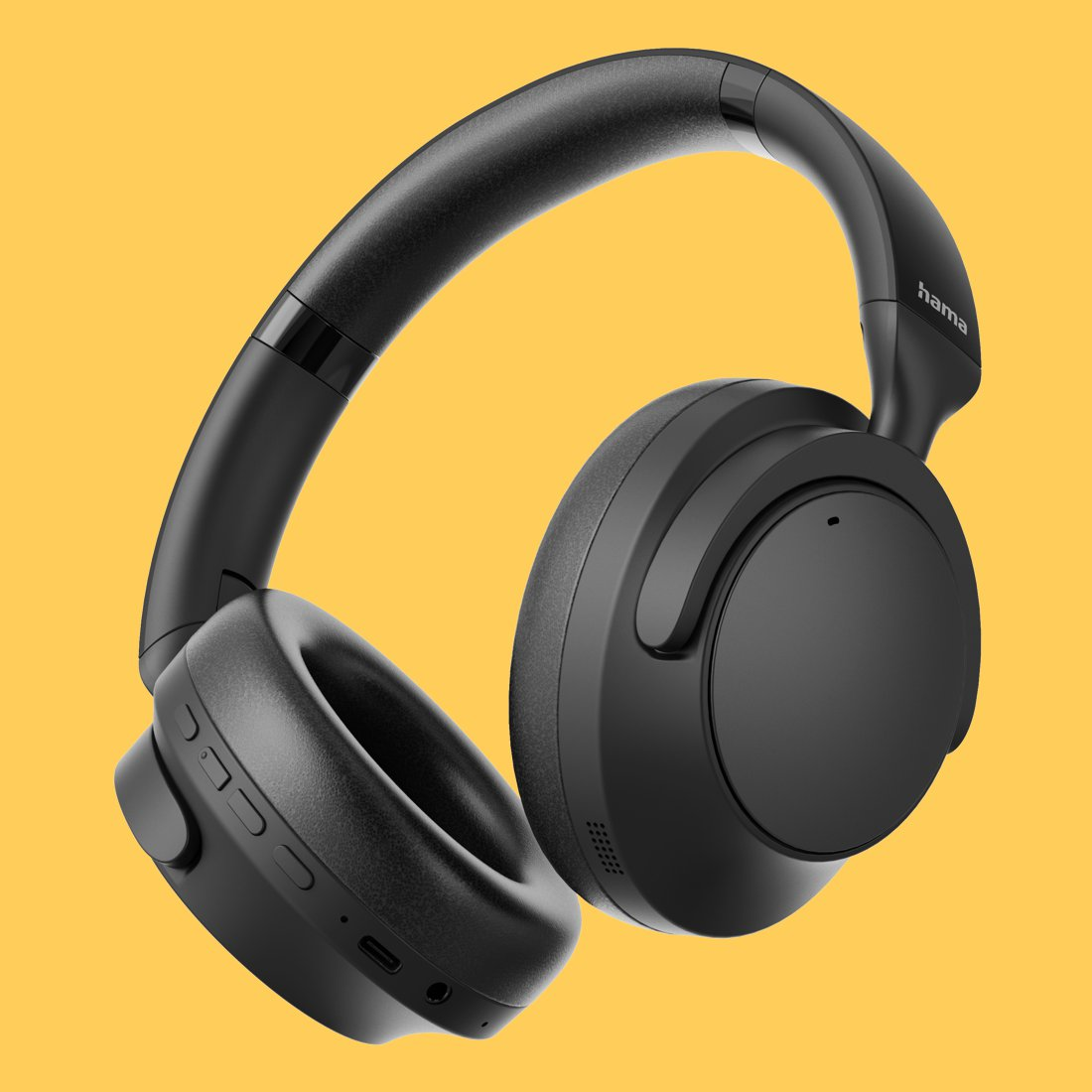 Schwarze Over-Ear-Kopfhörer mit Hama-Logo auf gelbem Hintergrund.