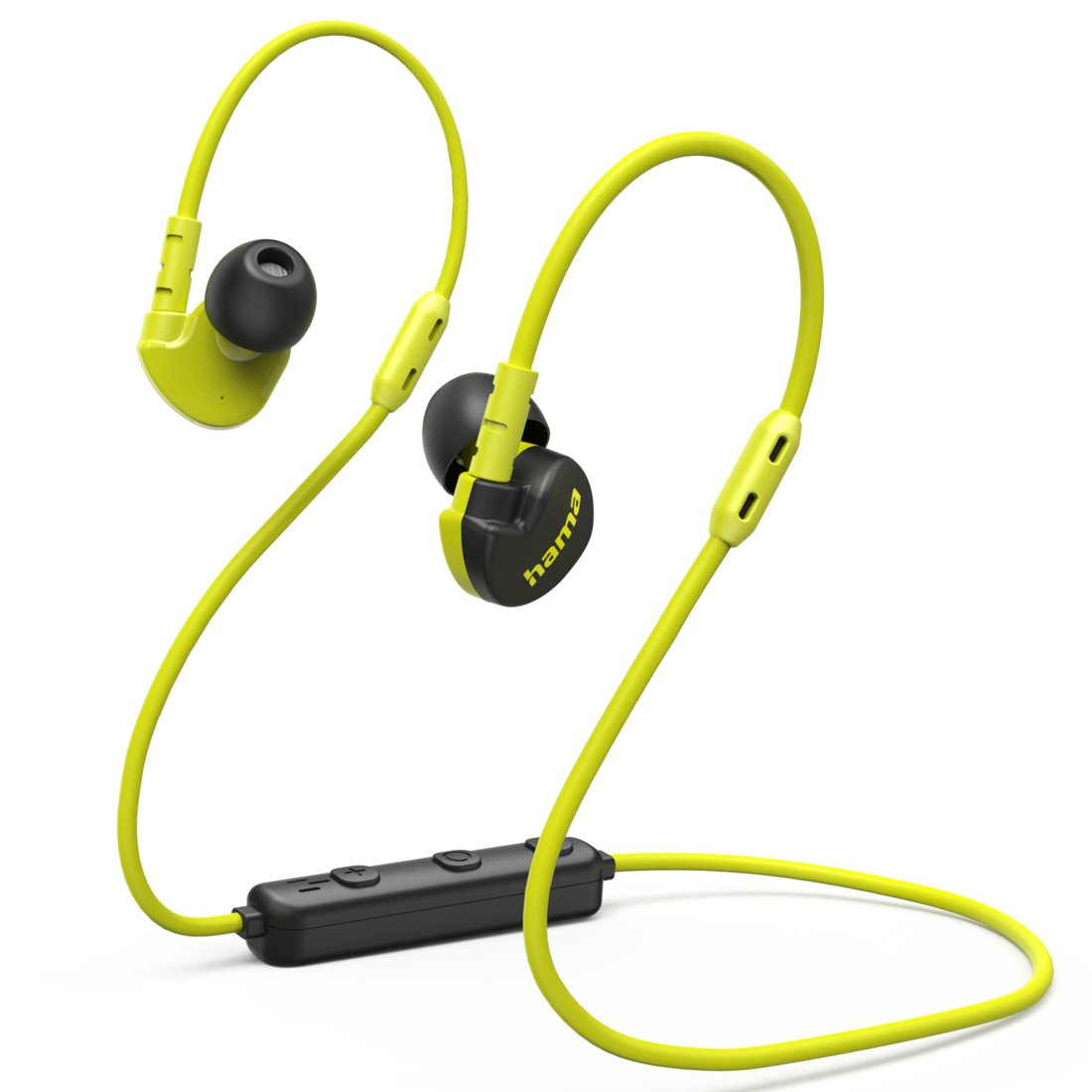 Gelbe Sport-In-Ear-Kopfhörer mit schwarzem Kabel und Steuerungseinheit.